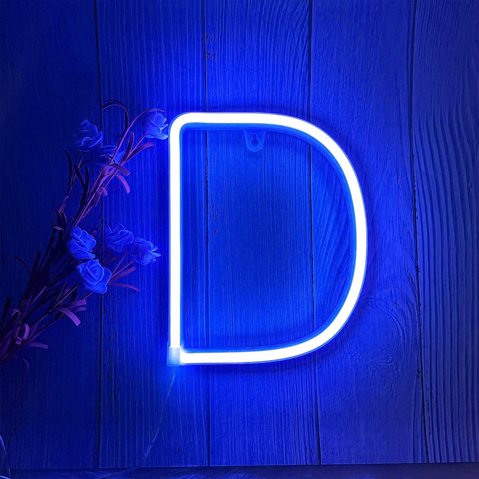 ENUOLI LED Blue Neon Letter Sign, Model nNH.D-B, Plastic, Battery/USB Operated, Decorative Lights for Children Room, Wedding, Party