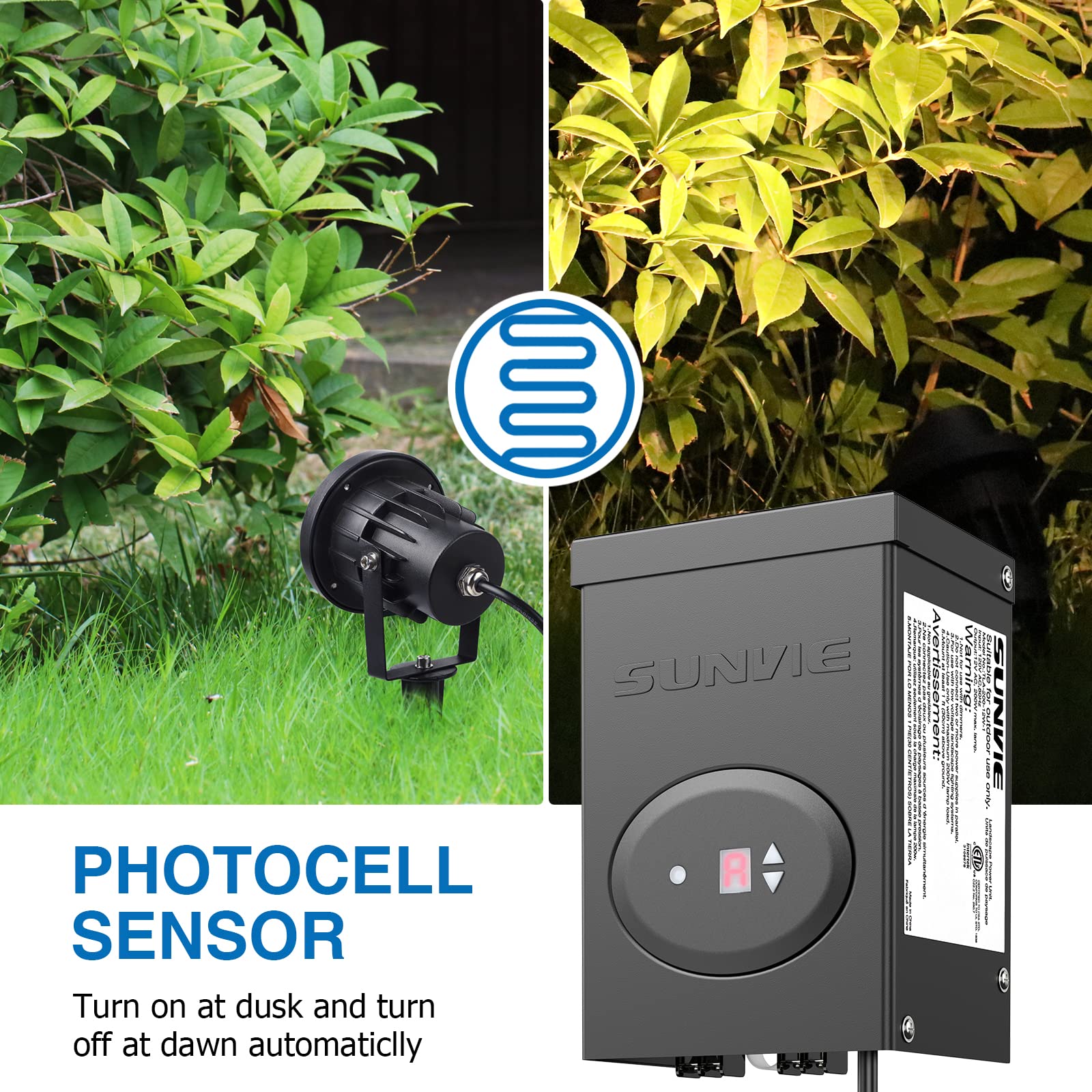 SUNVIE 120W Low Voltage Landscape Lighting Transformer, ETL Listed, Waterproof, with Timer & Photocell Sensor, Black, Model TLA-120-12W