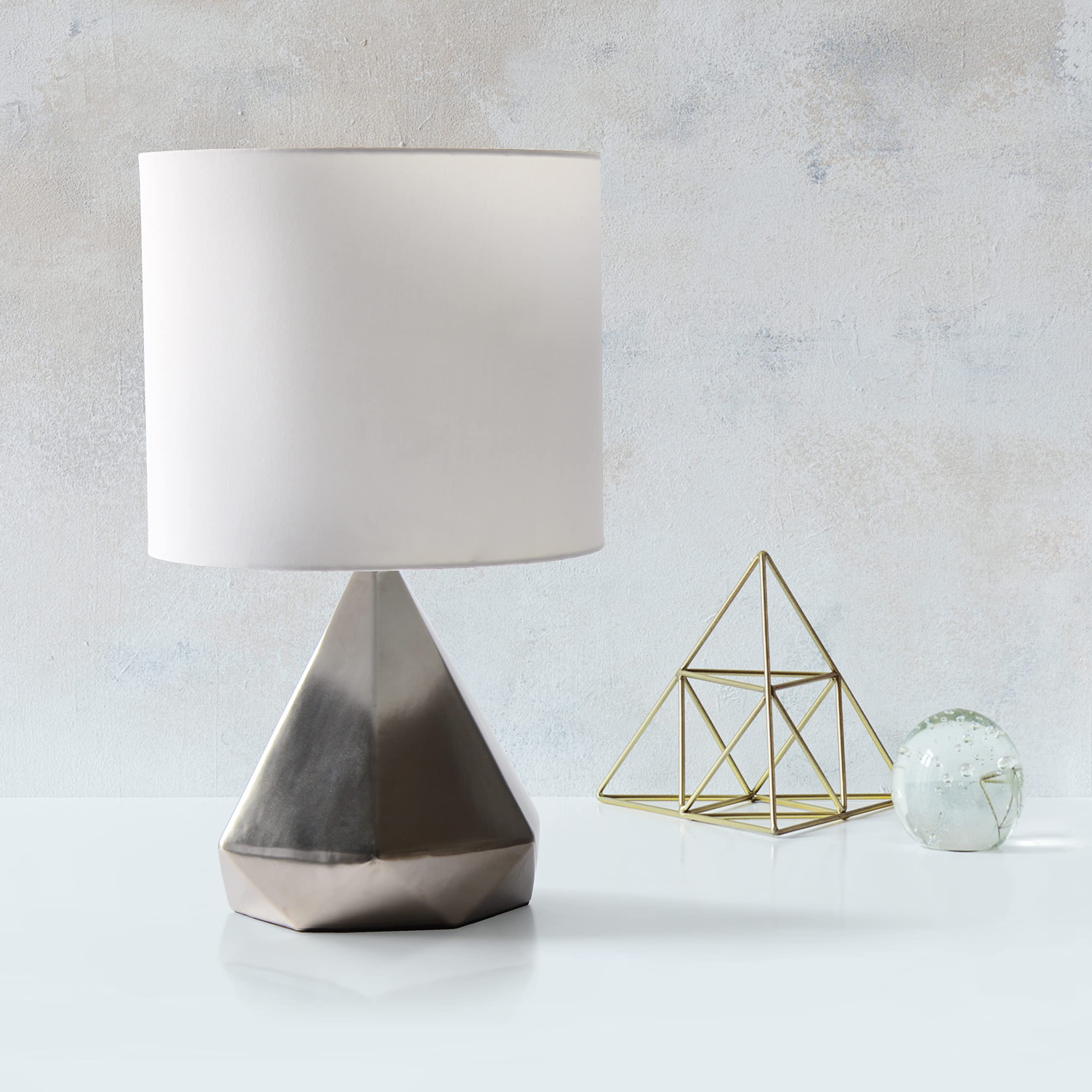 Simple Designs LT2079-SLV Ceramic Table Lamp, Geometric Pyramid, Silver, 11.81inL x 11.81inW x 19.88inH, White Fabric Shade