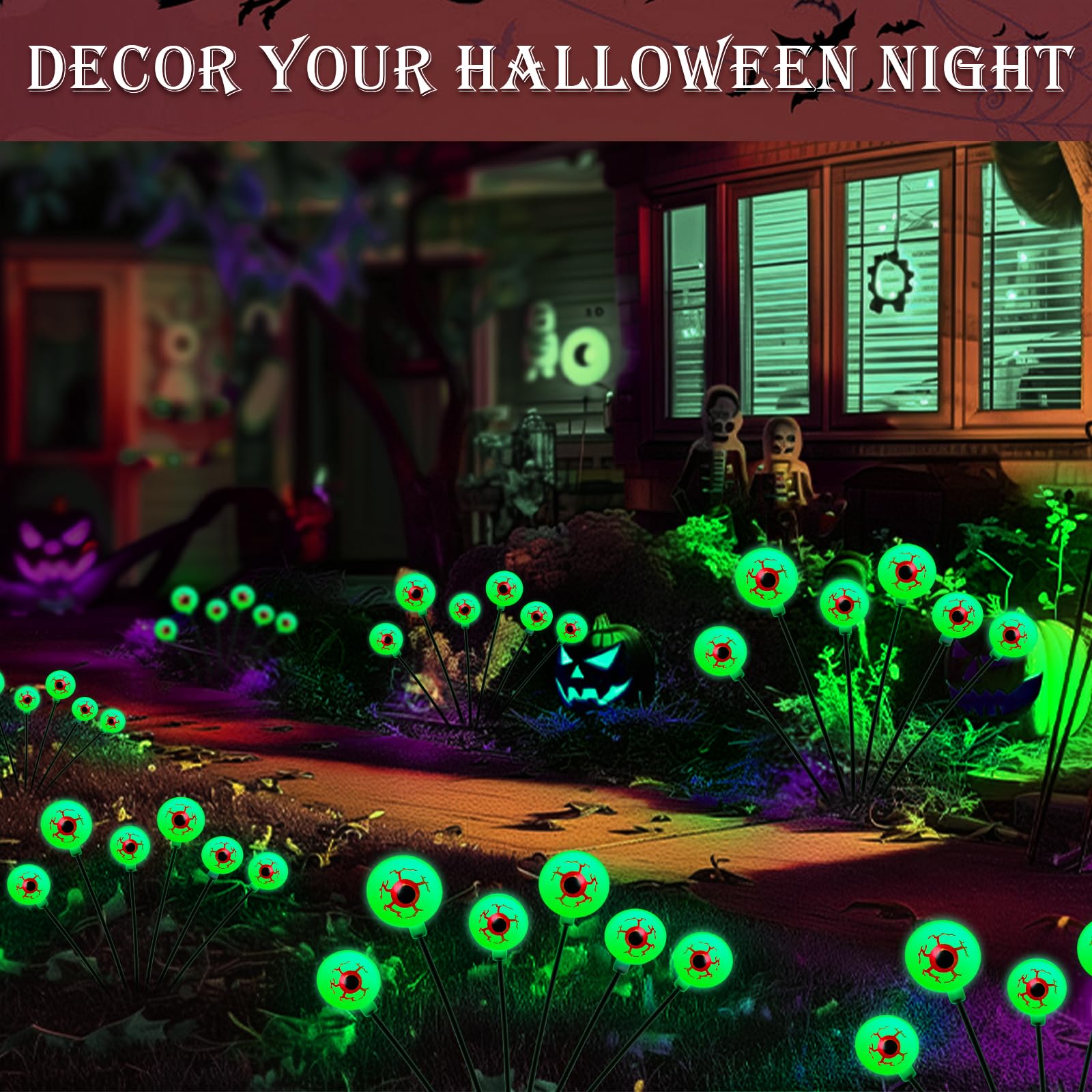 2 Packs 12Led Halloween Decorations Outdoor Solar Lights, Scary Bleeding Eyeball Swaying Firefly Lights, Waterproof Garden Path Lights For Patio Yard Pathway Walkway Halloween Party Decor- Green