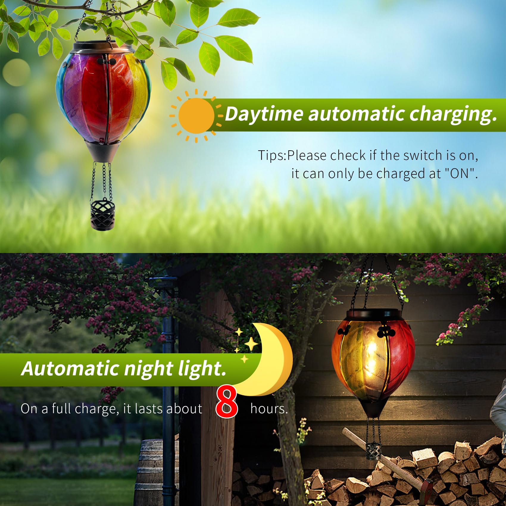teyigarden Solar Lantern Glass Hot Air Balloon Waterproof Colorful Outdoor Light
