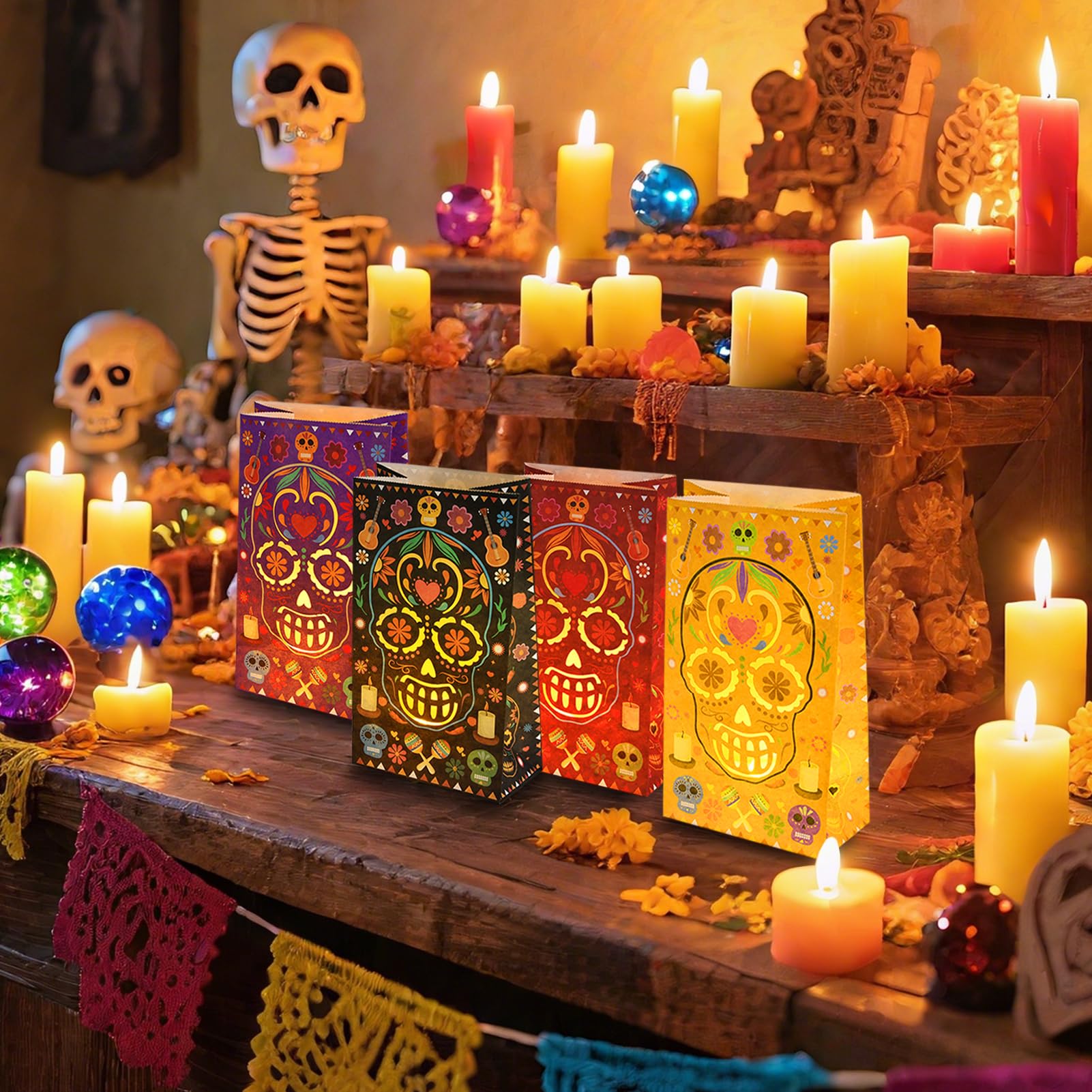 Antenda 30 Pcs Dia De Los Muertos Decorations Luminary Bags  Day Of The Dead Diwali Decor Flame Resistant Candle Bag - Halloween Candy Bag Mexican Fiesta Party Altar Favors Supplies