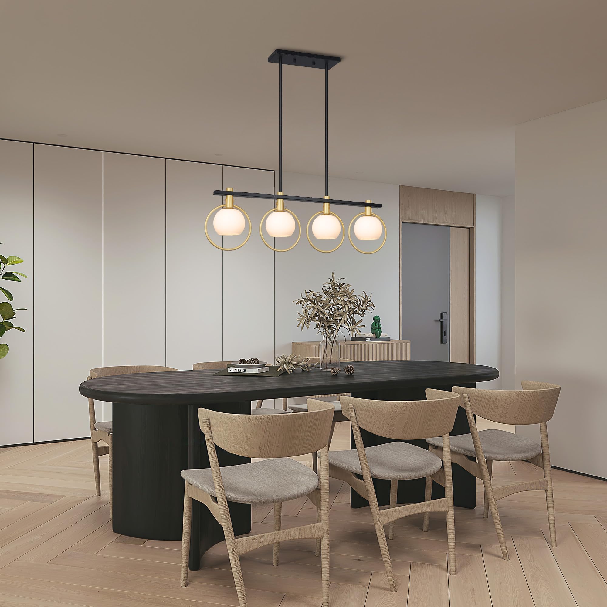 Kveosv 4-Light Gold Black Chandelier Modern Dining Room Lighting with Milk Glass Globe Shade, Model 5981ce6c-ed97-41aa-b9f2-fff7bd