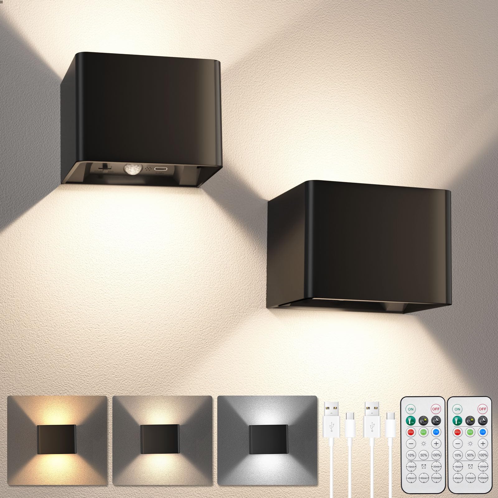 DUMILOO Motion Sensor Wall Light, Rechargeable, Dimmable, 3 Colors, Indoor LED Sconce for Living Room, Bedroom, Stair