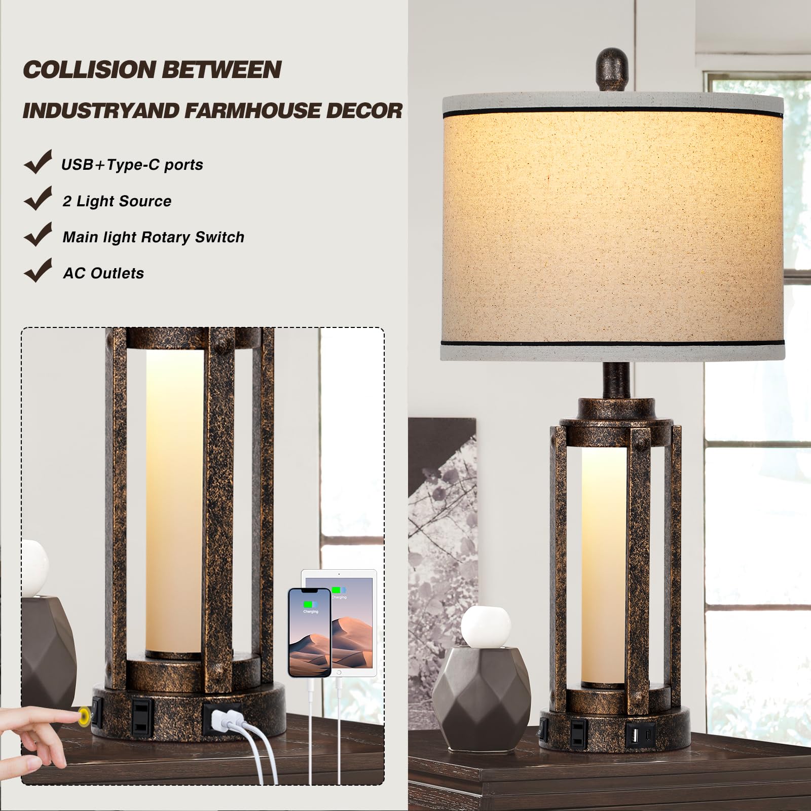 Farmhouse Lamps With Usb A+C Charging Ports & Ac Outlet, Rustic Vintage Industrial Table Lamps Metal Lamp With Glass Led Night Light & Beige Fabric Shade For Living Room Bedrooms Nightstand Bronze