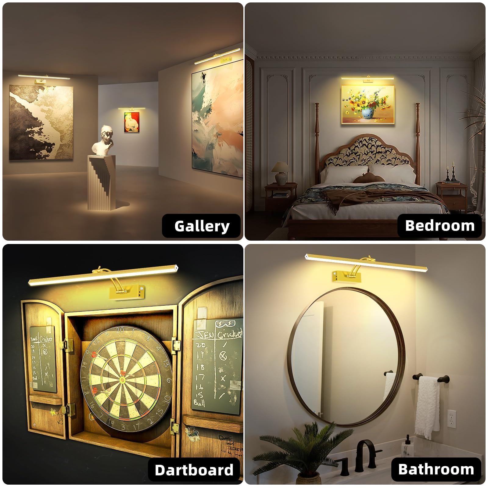 JNGMAIR 4 Pack Picture Lights - 23in Gold Aluminum Art Lighting, Cordless, Rechargeable with Remote, Dimmable & Timer, Model JM-09ZHD-60-G