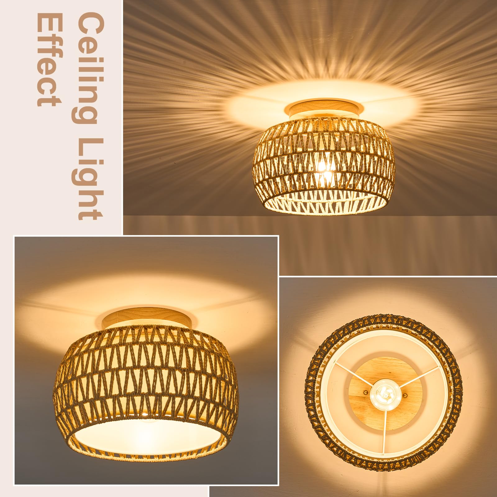 Alaislyc Boho Rattan Flush Mount Ceiling Light 12&quot; Rustic Wicker Fixture For Home Décor