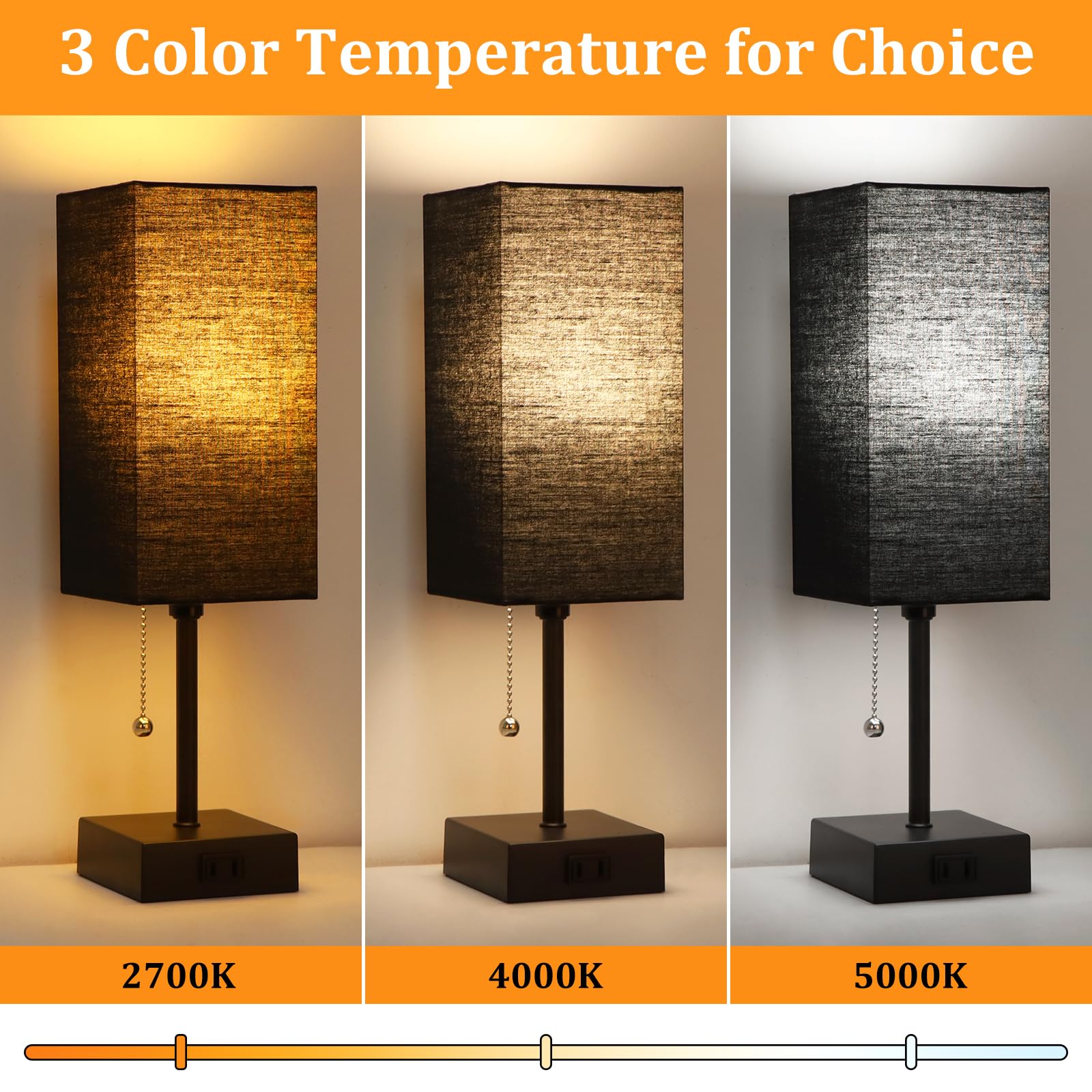 Table Lamp For Bedroom Set Of 2,3-Color Bedside Lamps With Pull Chain Table Lamps For Nightstand With Ac Outlets, Night Light La