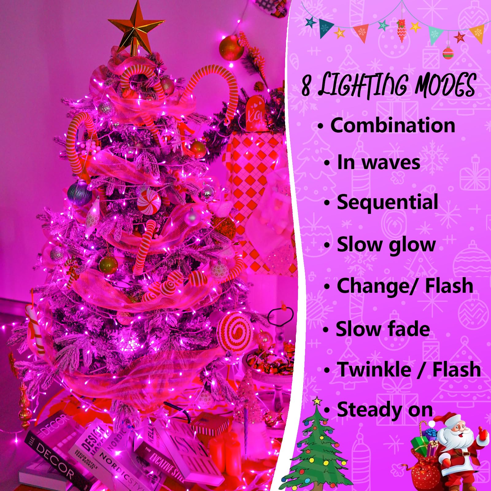 Yeguo Pink Christmas Lights Outdoor Waterproof  165Ft 500 Led String Lights Indoor  8 Modes Clear Wire Fairy Light Plug In For Party Tree Valentines Wedding