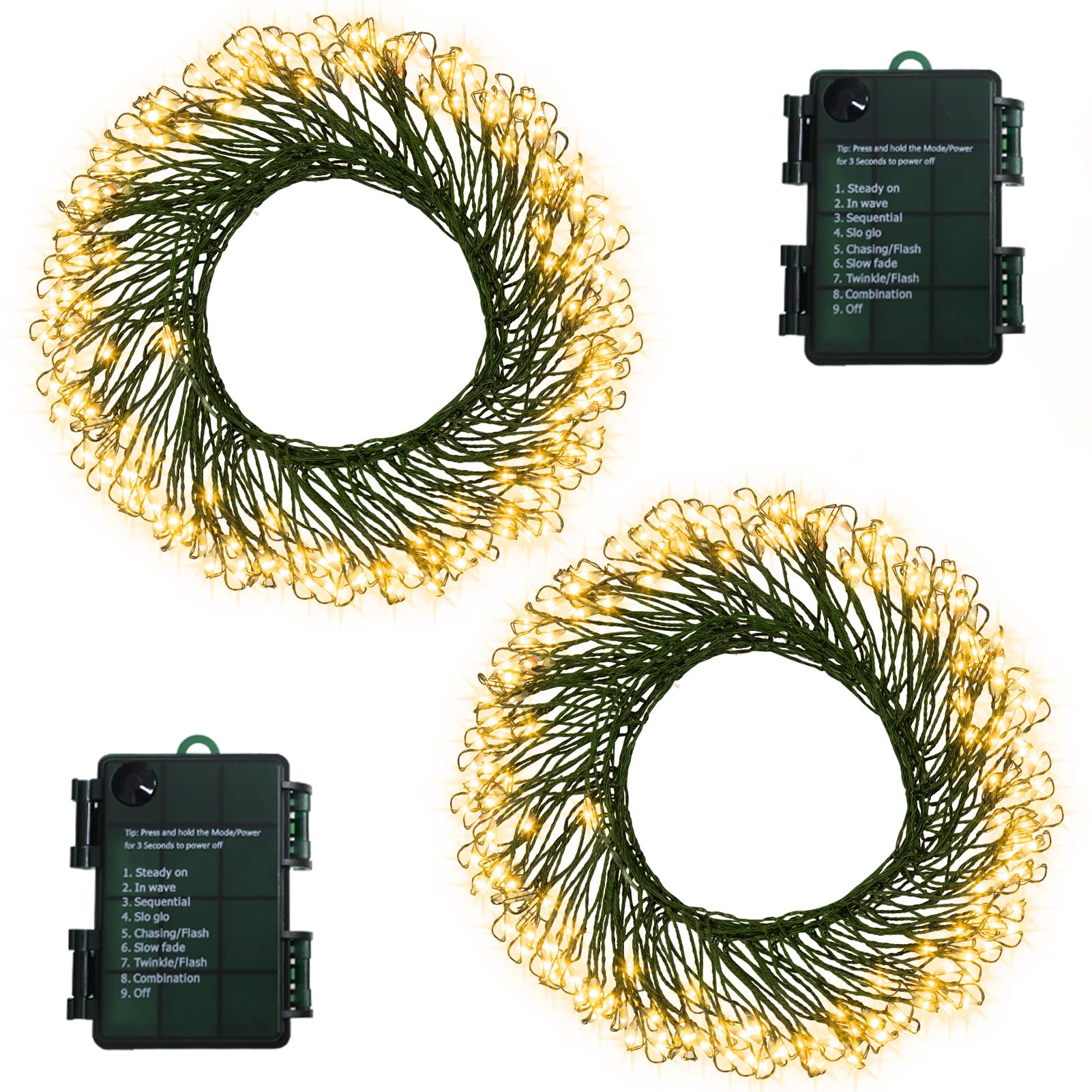 BSGlobal 2 Pack Cluster Fairy Lights Battery, Total 20Ft 400 LED Christmas Lights with Timer 8 Modes, Dark Green Copper Wire Fir