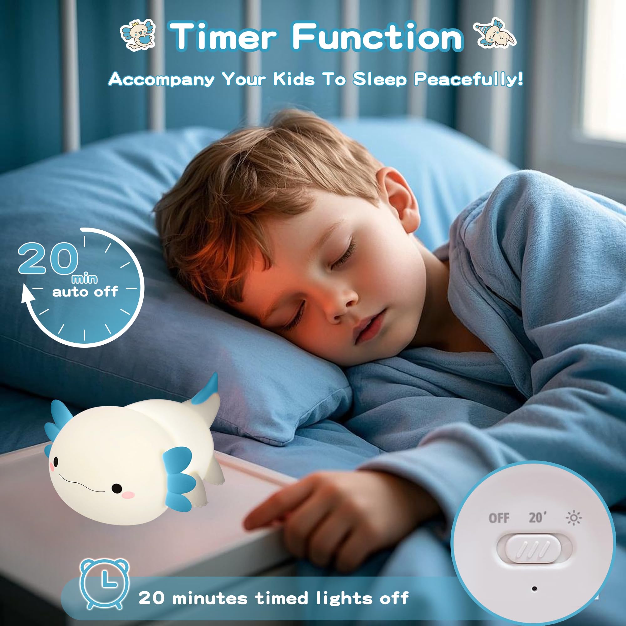 MOKYDUO Axolotl Night Light, Silicone, 2-Level Brightness, Touch Control, 20-Min Timer, Blue