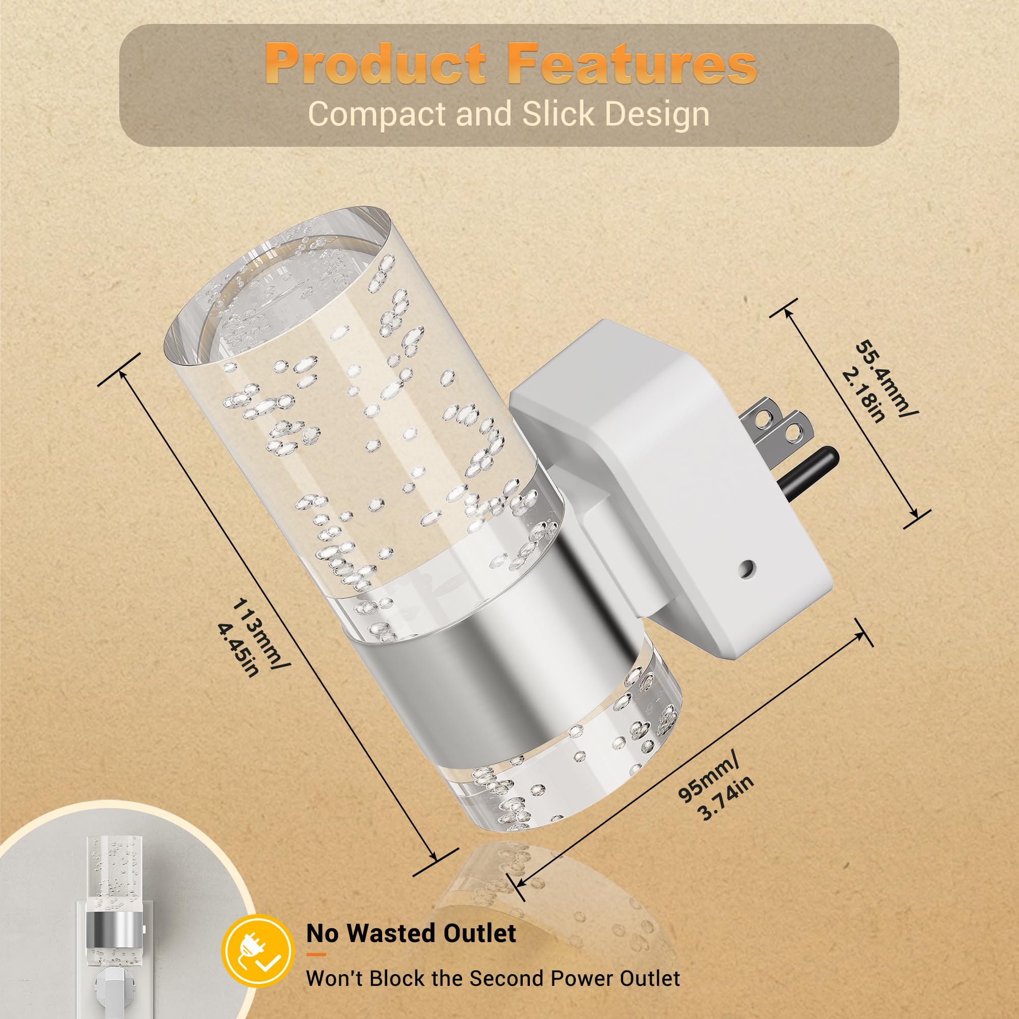 JandCase LED Night Light Plug-in, 2 Pack Adjustable Brightness, 5000K Acrylic, Auto Light Sensor for Bathroom & Hallway Decor