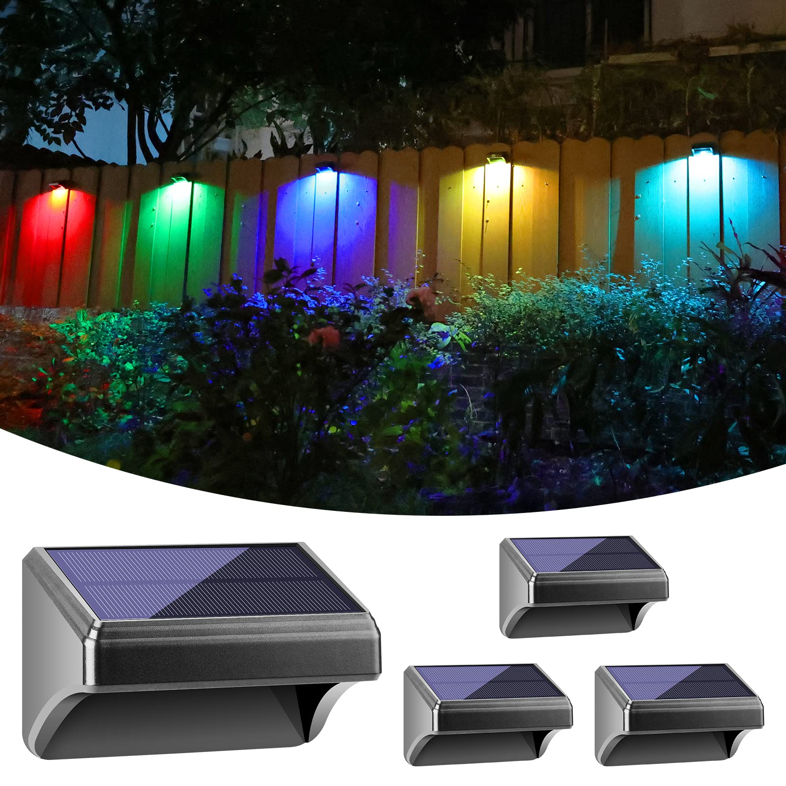 Bridika Solar Fence Lights, Waterproof LED, Warm White & RGB, 4 Pack, Model QS31011, Ideal for Backyard, Patio, Deck, Pool