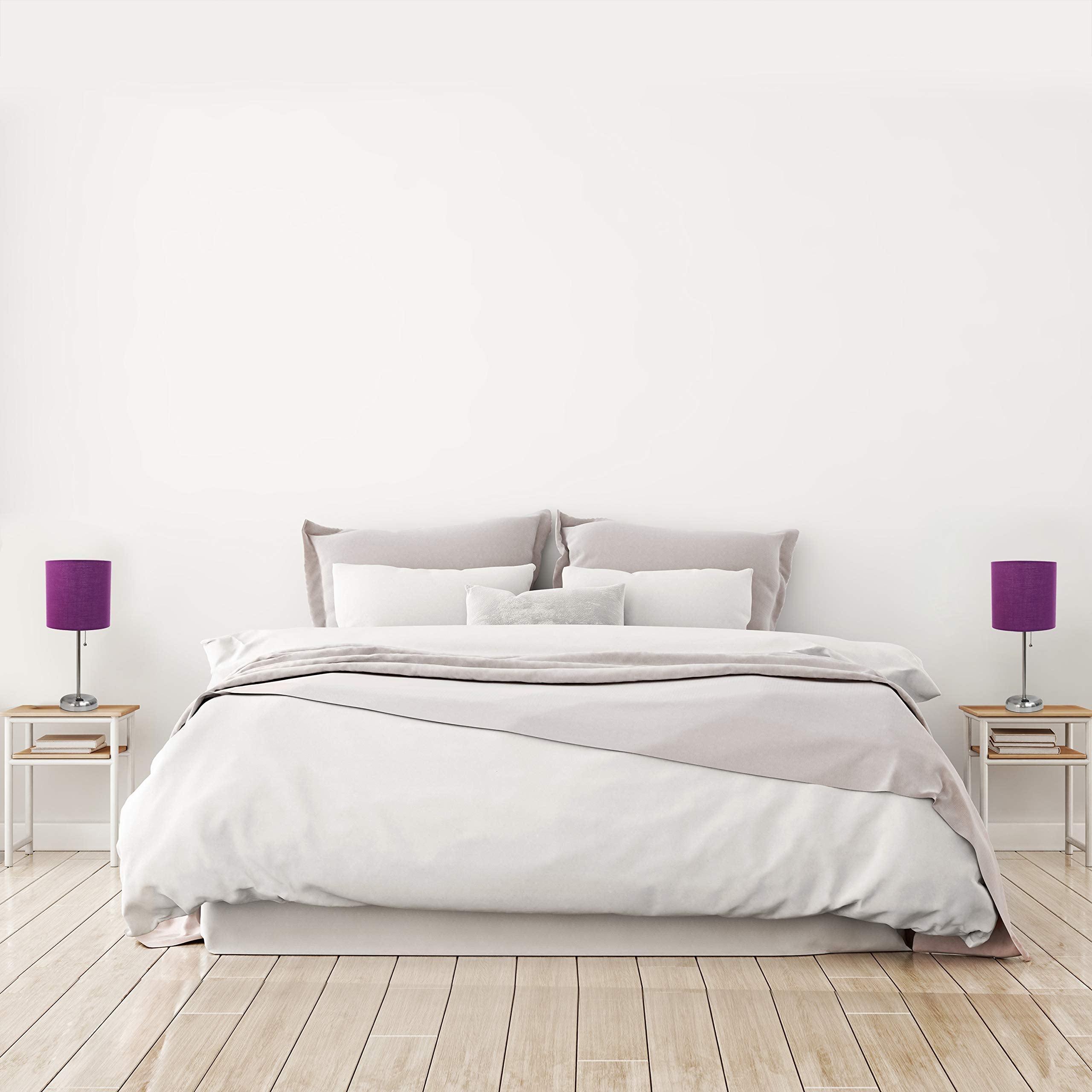 Simple Designs LC2002-PRP-2PK Brushed Steel Stick Table Lamp Set with USB Charging Port and Purple Fabric Shades  2 Pack Set
