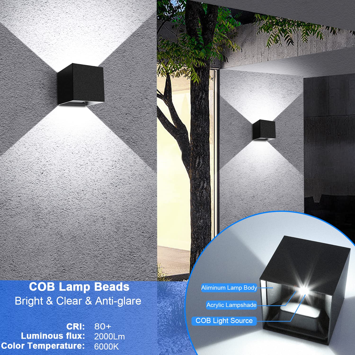 Juyace LED Wall Sconce 20W Outdoor Lighting, Adjustable Black Aluminum, IP65, 6000K, 4 Pack for Porch, Patio, Garage, Garden