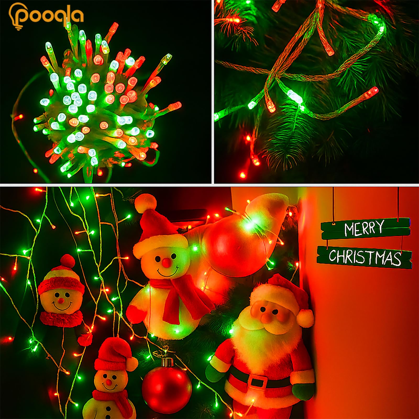 Pooqla Christmas String Lights, 200 LED Twinkle Fairy Lights, 66 ft, Clear Wire, Red and Green, 8 Modes for Indoor Outdoor Use