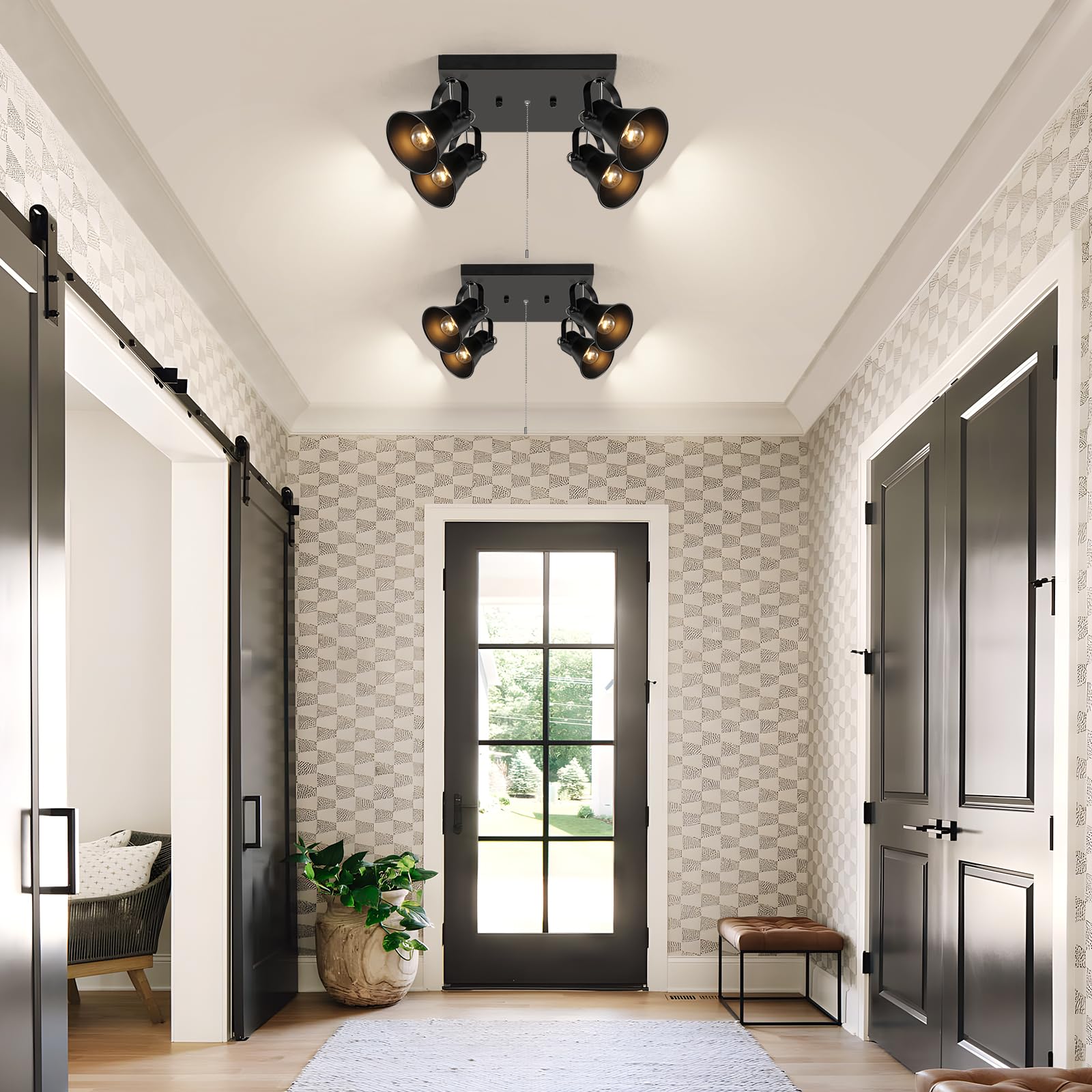 Seeblen 4 Light Track Lighting Fixtures Ceiling With Pull Chain On/Off Switch,Black Kitchen Lights Ceiling Square Flush Mount,Ad