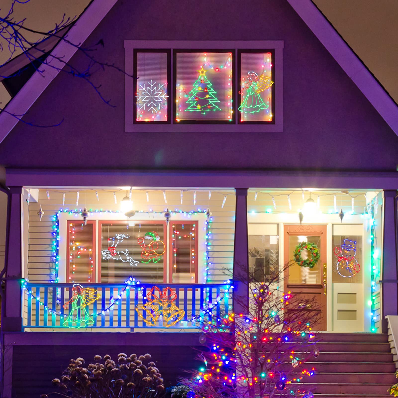 Trwymz Christmas Decorations - 16 Christmas Window Silhouette Lights - 4 Pack Colour Lighted Santa & Bell & Reindeer & Christmas Tree For Holiday Indoor And Outdoor Wall Door Window Decorate