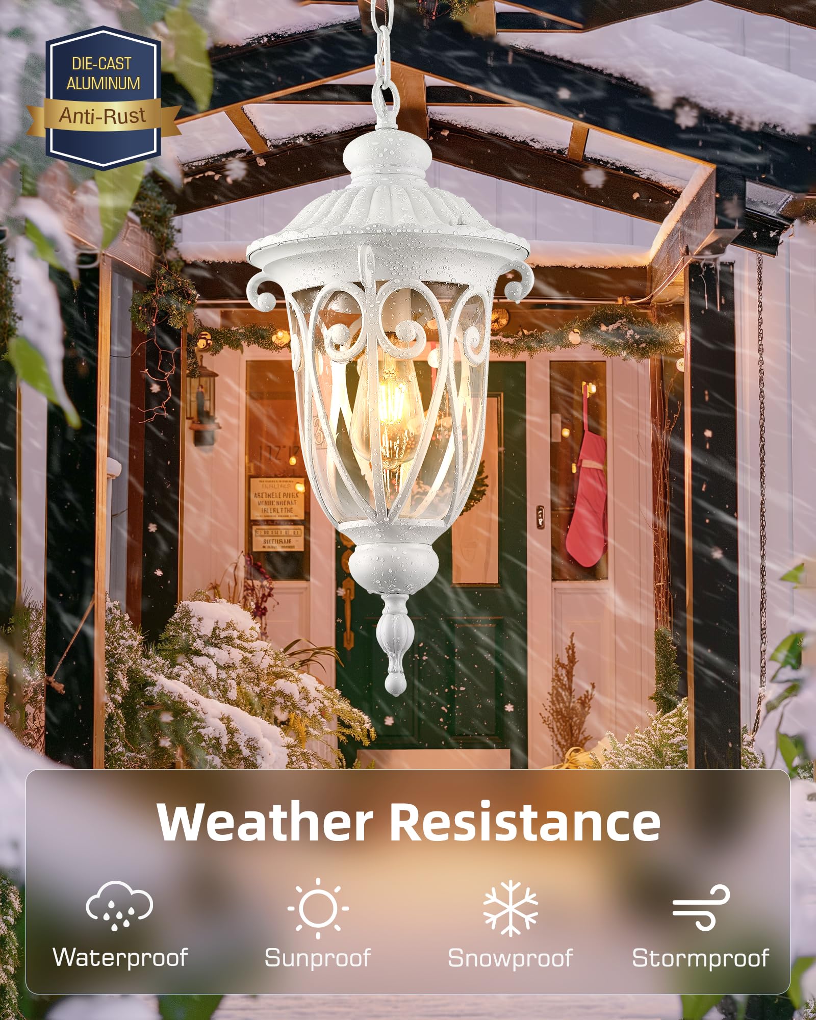 VIANIS Large White Outdoor Pendant Light Lantern, Handcrafted Chandelier with Seed Glass, Model V8323M1.WH for Porch and Garden