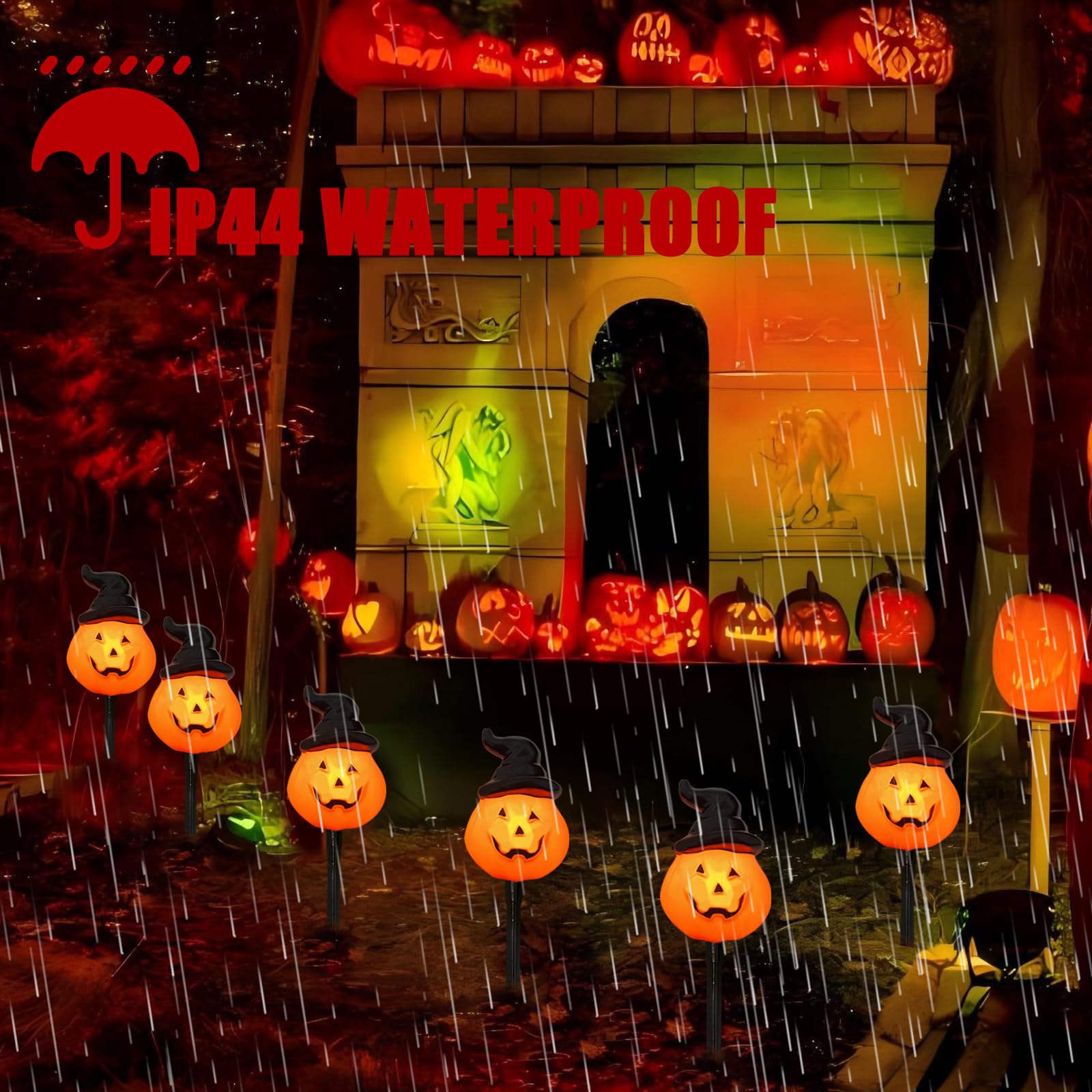 4 Pack Halloween Pumpkin Witch Hat Pathway Lights -7Ft Led Outdoor Halloween Decorations, Waterproof Halloween Garden Stake Ligh