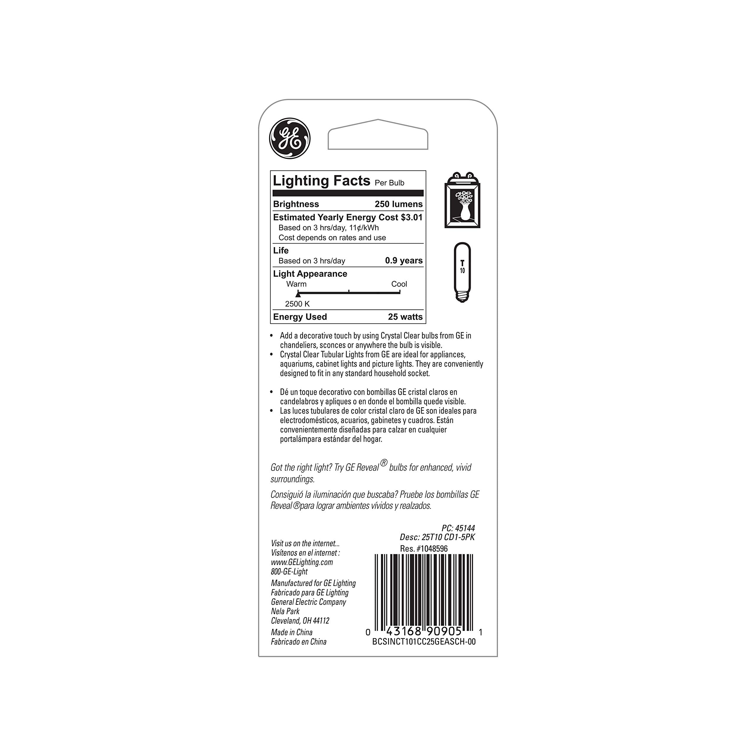 Ge 45144 25-Watt Crystal Clear Tubular T10 1Cd Light Bulb, 1 Count (Pack Of 1)