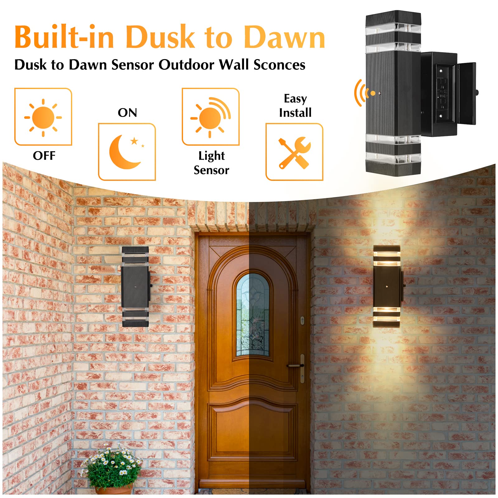 DASTOR Dusk to Dawn Porch Light Fixture with Outlet, Black Aluminum, Model DST-220401, 1 Pack