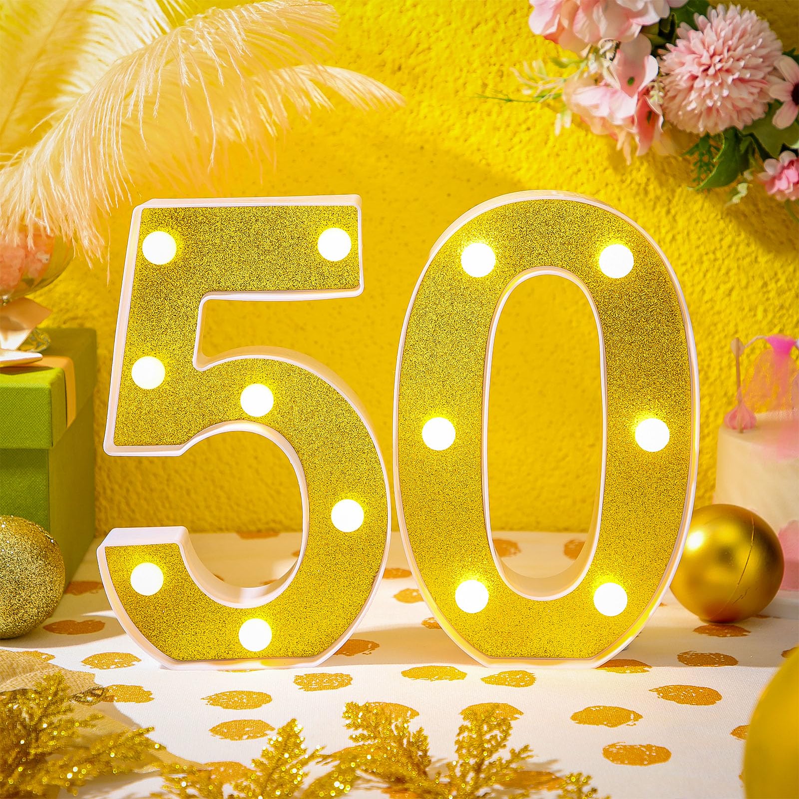 Treela LED Light Up Number Sign, 8.7in  Glitter Marquee for 50th Birthday Party Decorations, Gold PP Material