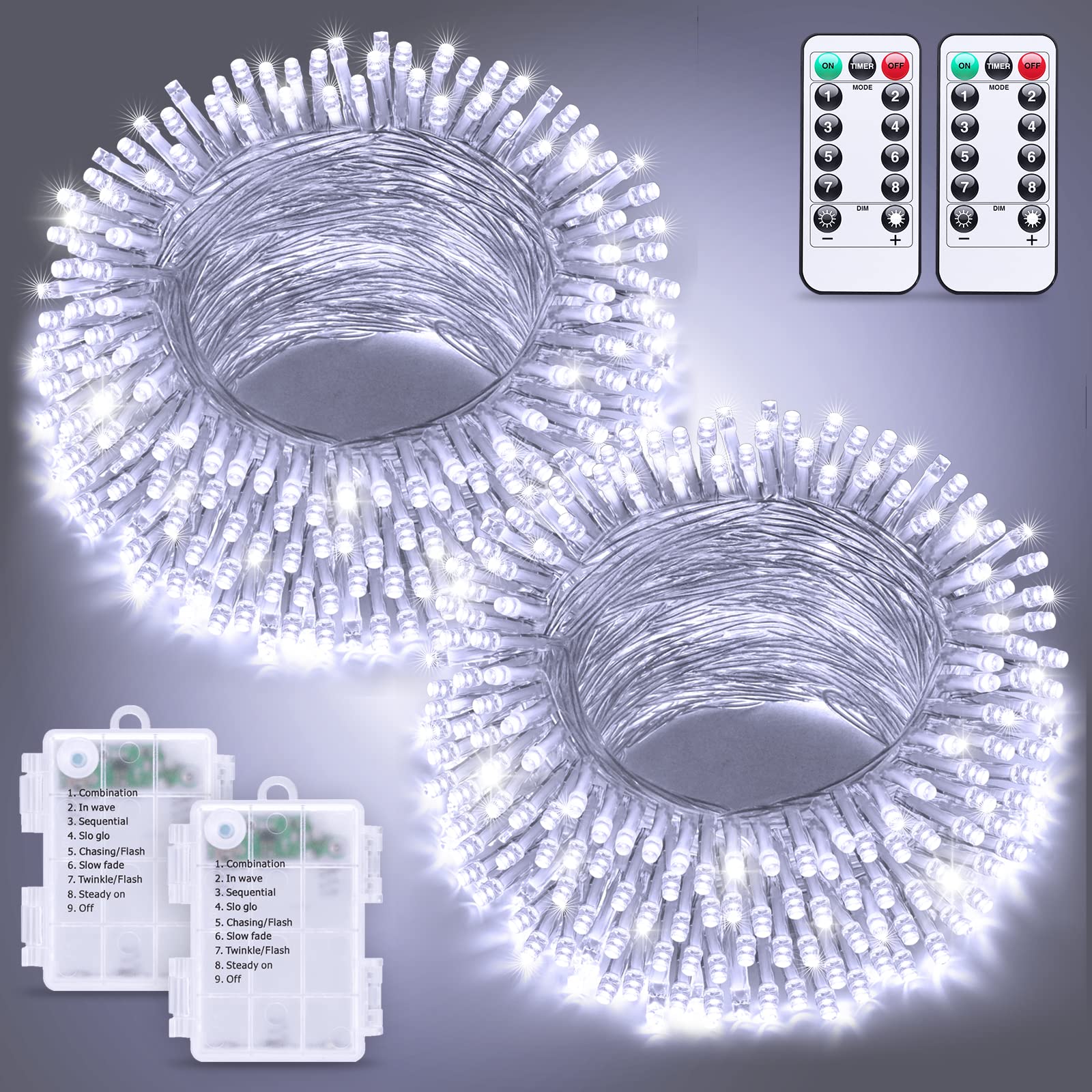 JMEXSUSS Christmas String Lights, 100 LED, 33ft, Battery Operated, 8 Modes, Waterproof, Cool White, Model b731a66a-f7cd-456f