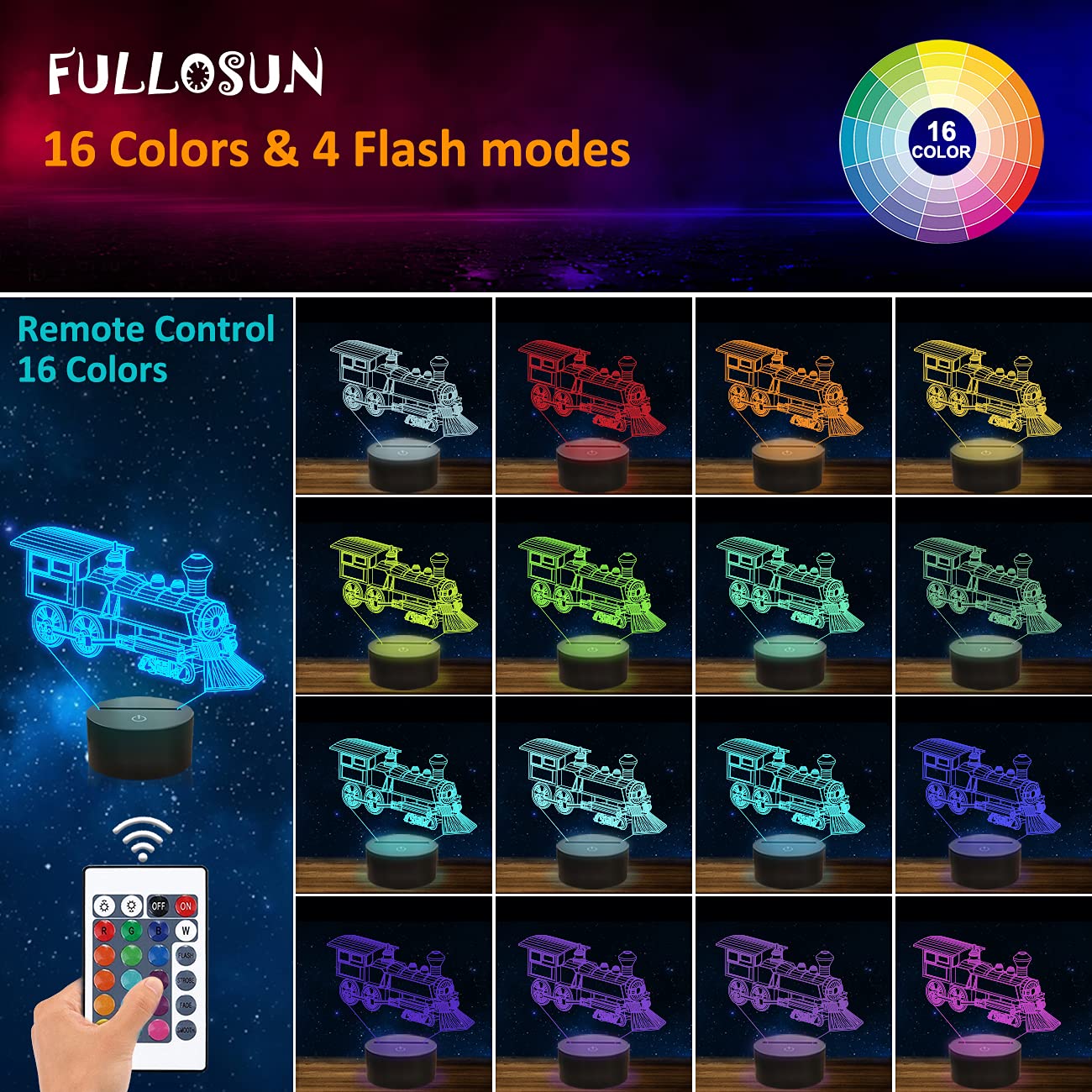 Fullosun Train Night Light, 3D Illusion Lamp For Kids, 16 Colors Changing With Remote Control Dim Function, Creative Birthday Xmas Gifts For Kids Boys Bedroom Decor