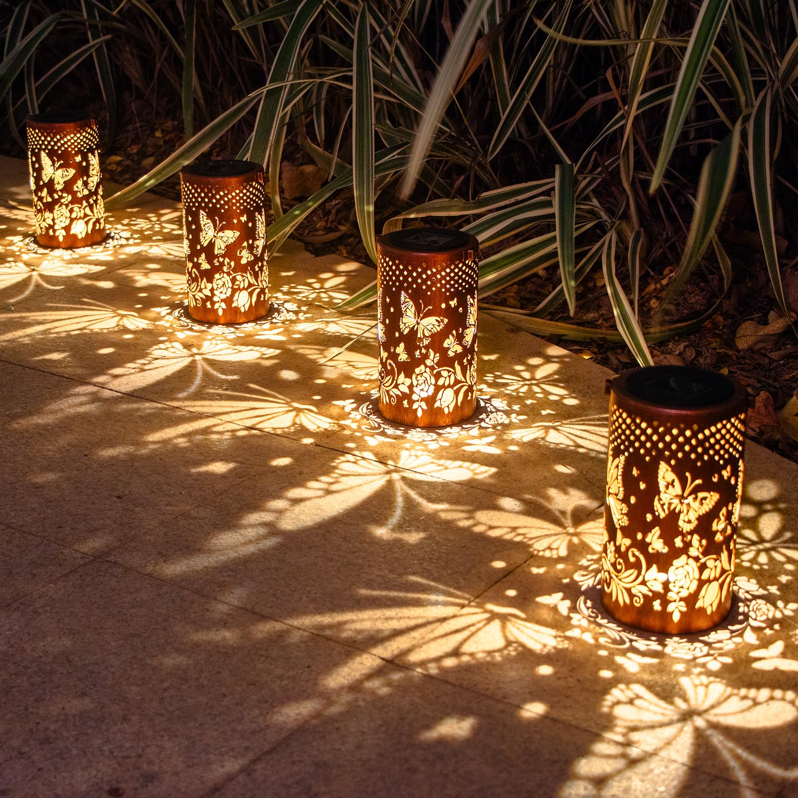 DIBIEECN 2 Pack Butterfly Solar Lanterns - Waterproof Metal Garden Lights, Bronze, Model DL-DOUBLE-02