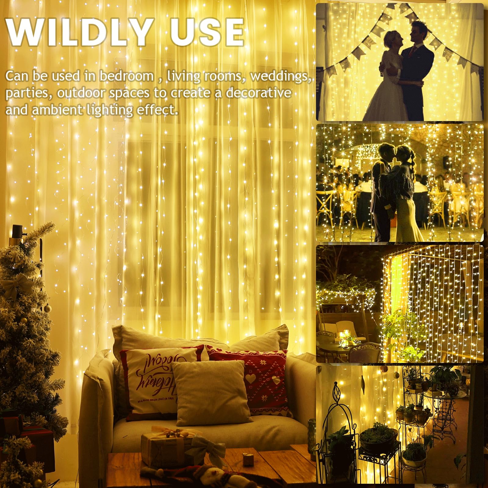 NWLIGHT Curtain Lights for Bedroom, 9.8x9.8 Ft Fairy Lights Curtain with Remote, 300 LED Curtain String Lights 8 Flashing Modes