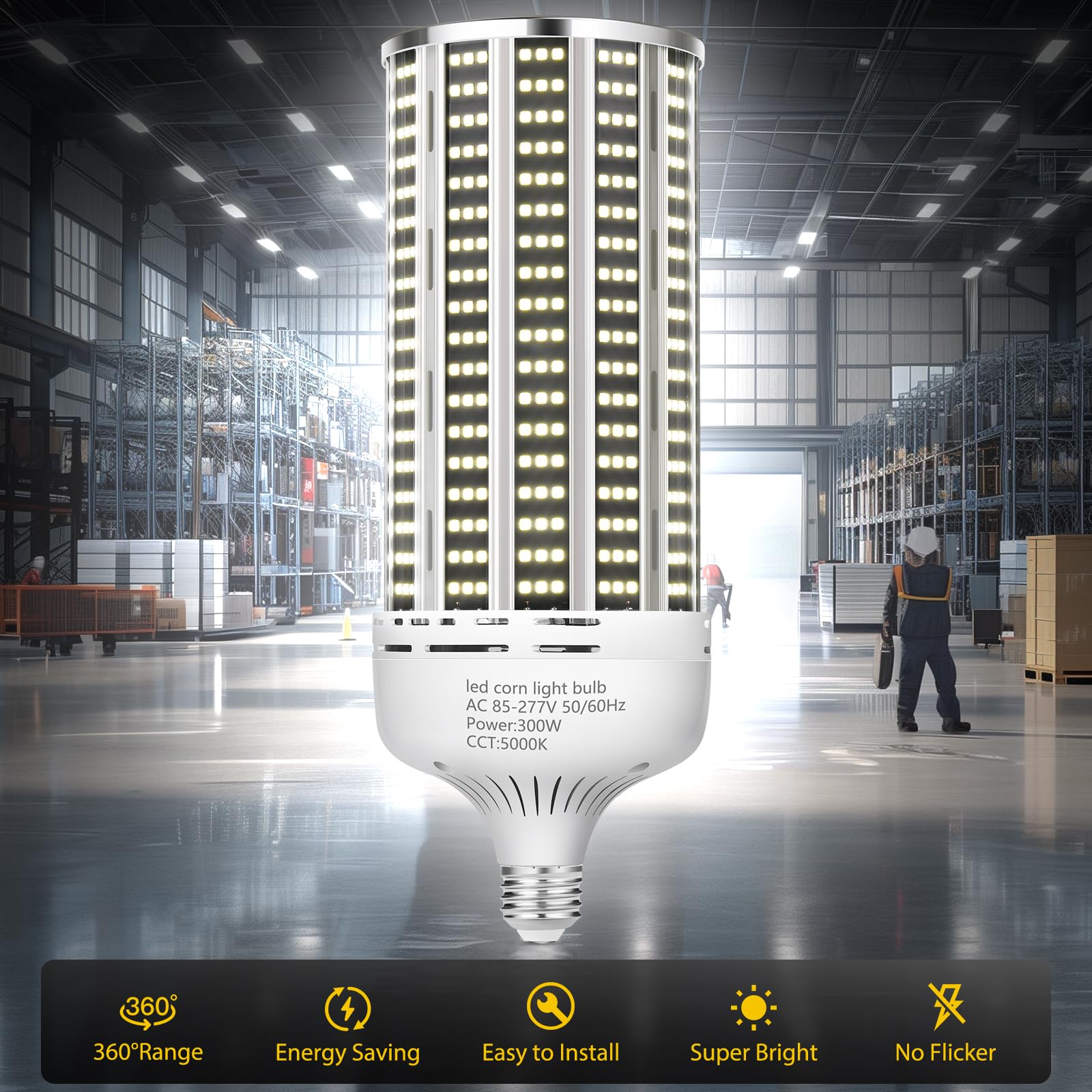 Yanycn 300W 2 Pack Led Corn Light Bulb,3000W Equivalent Commercial Grade 43500Lm Daylight 5000K E26/E39 Medium Mogul Base Led La