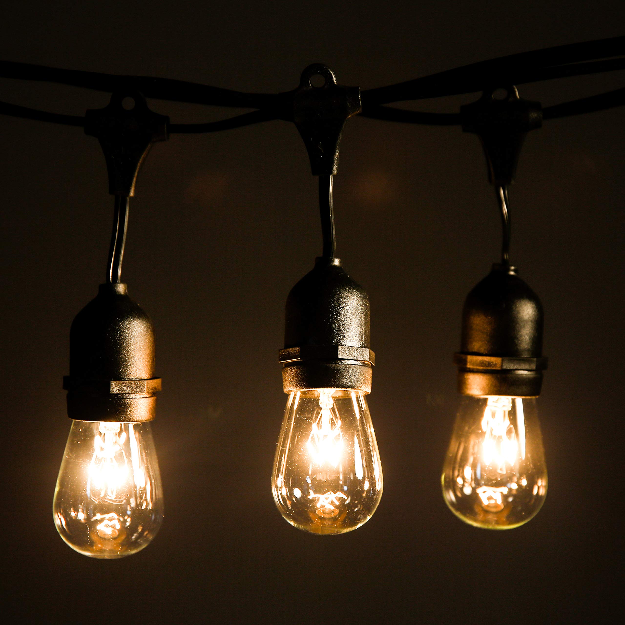 100 Foot Commercial Outdoor String Lights with 50 Suspended Sockets and S14 11 Watt Bulbs (+ 2 Free Spares) - E26 Vintage String Lights for Patio  Yard  Deck  Cafe  Bistro and More