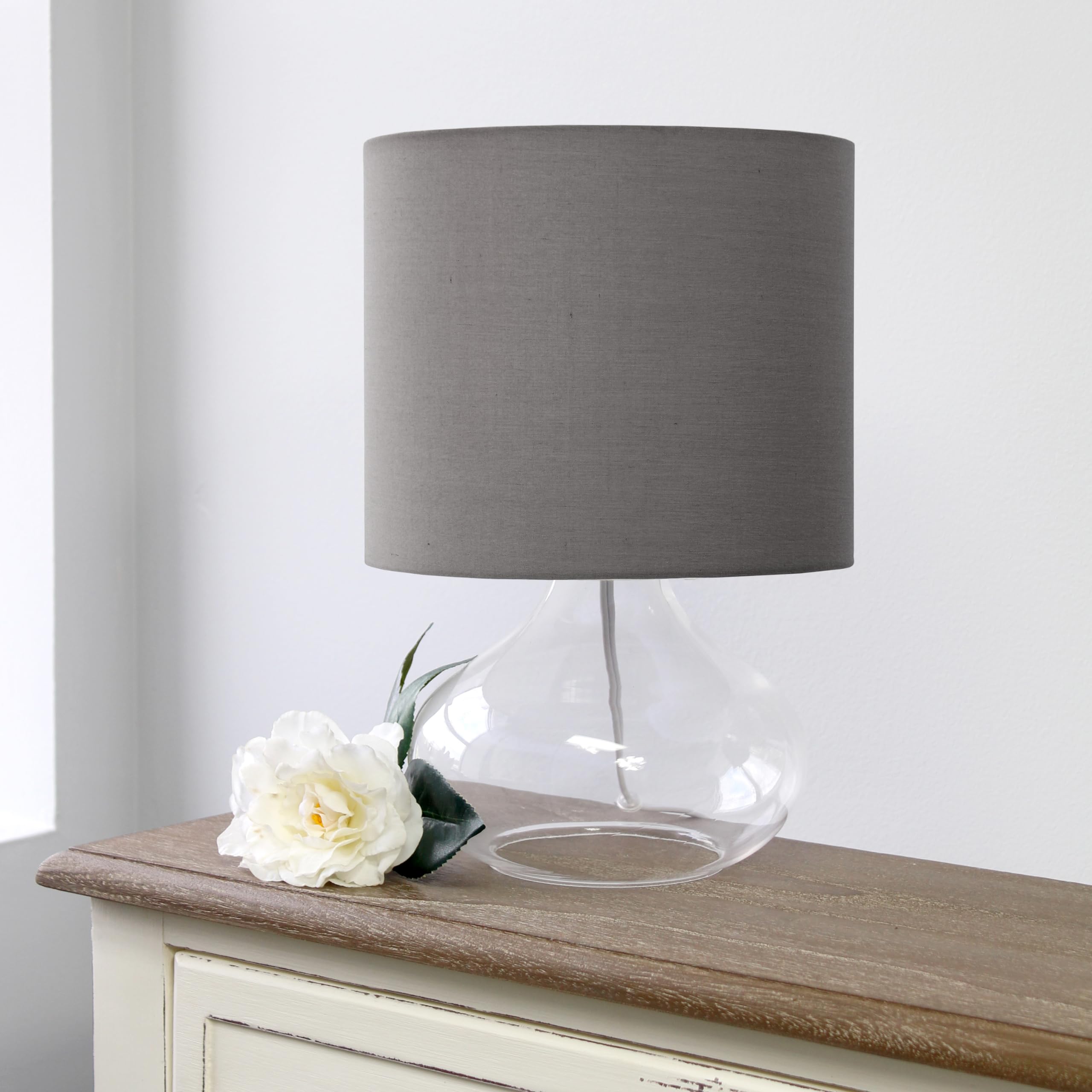 Simple Designs Lt2063-Clg Small Glass Raindrop Bedside Table Lamp With Gray Fabric Shade, Clear
