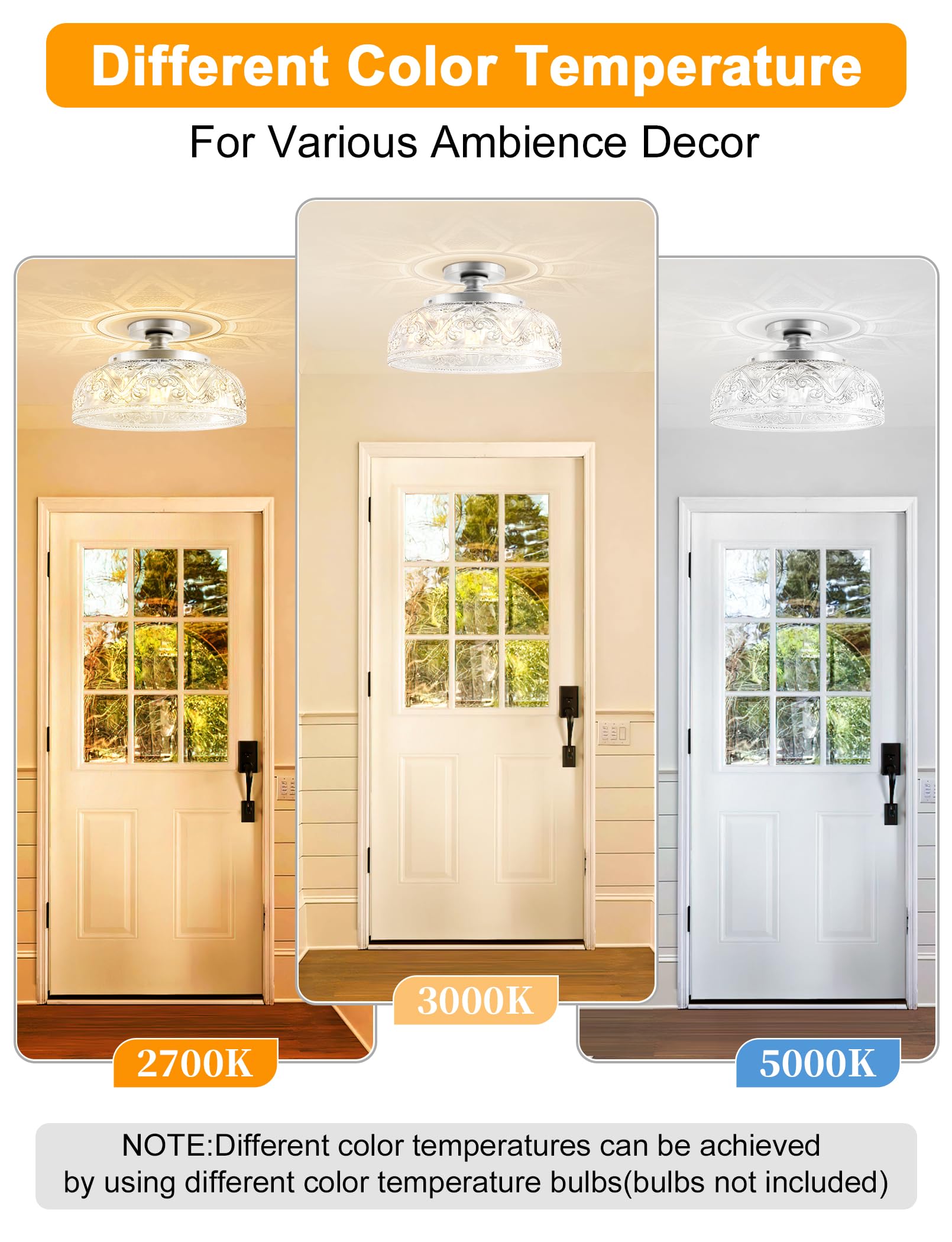 Slypadan Semi Flush Mount Ceiling Light, 12 Inch Large Silver Ceiling Light Fixture, 3-Light Globe Glass Farmhouse Kitchen Light