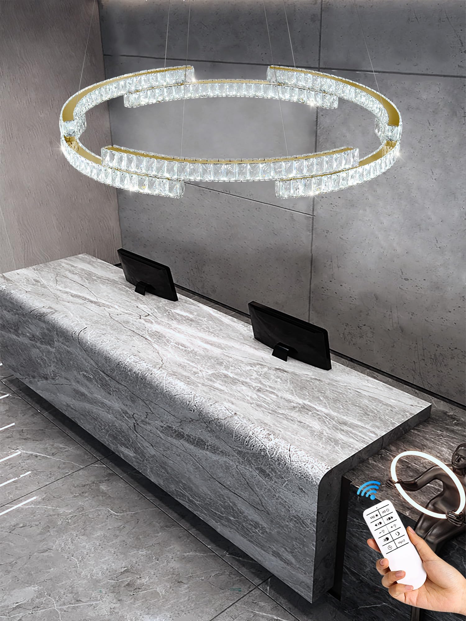 Idequy D47.5'' Gold Modern Crystal Ring Chandeliers For Living Room Dinning Room Crystal Pendant Light Dimmable 3000K-6000K