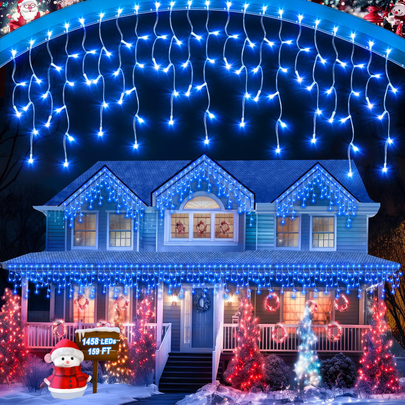 159 FT Christmas Lights Outdoor, 1458 LED Waterproof Outside Plug-in, Timer & Memory, 8 Modes Fairy Lights With 324 Drops for Ho