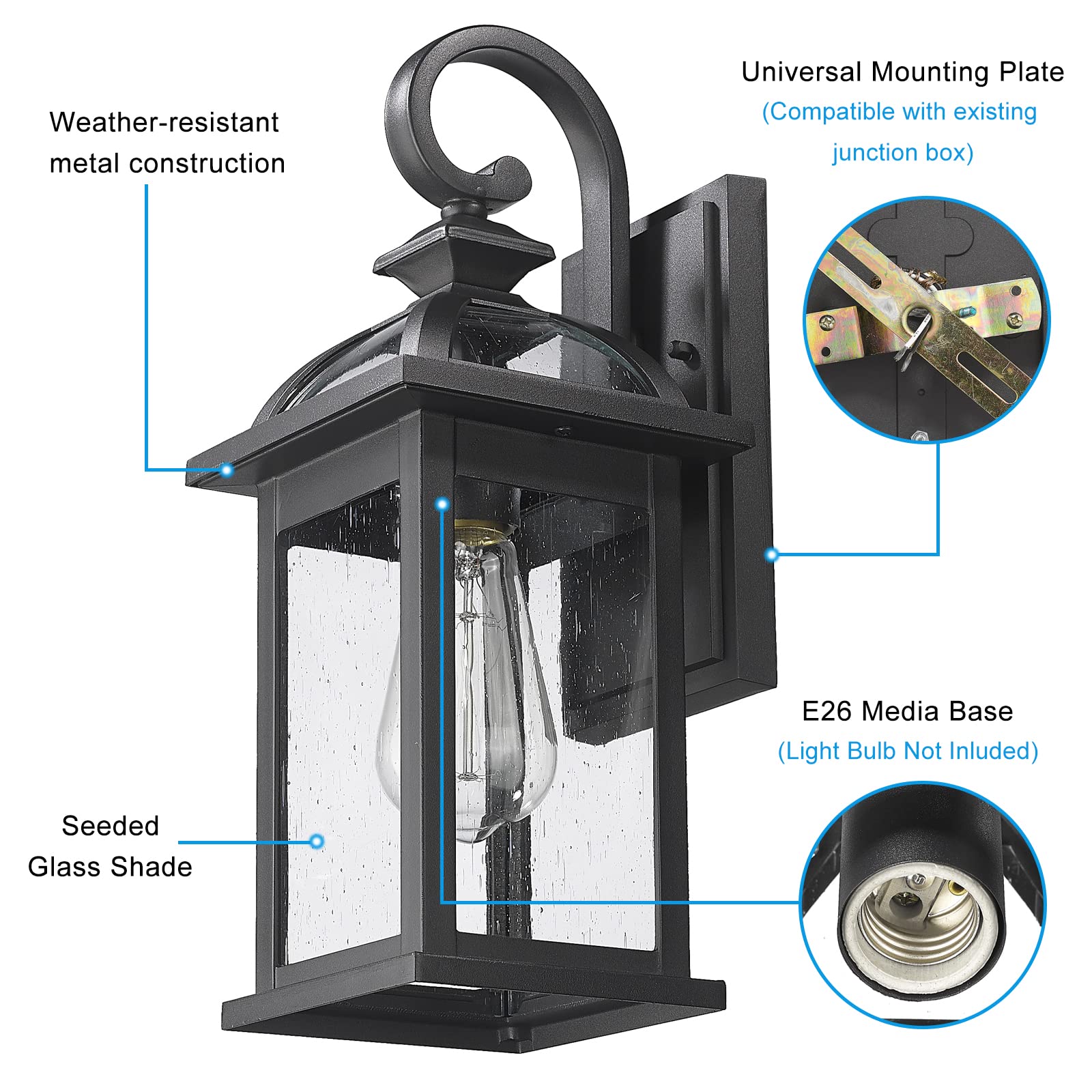 Darkaway Outdoor Wall Sconce, Waterproof Seeded Glass, 15in Aluminum, Black-Seeded Glass, Model 6D5B, 1 Pack