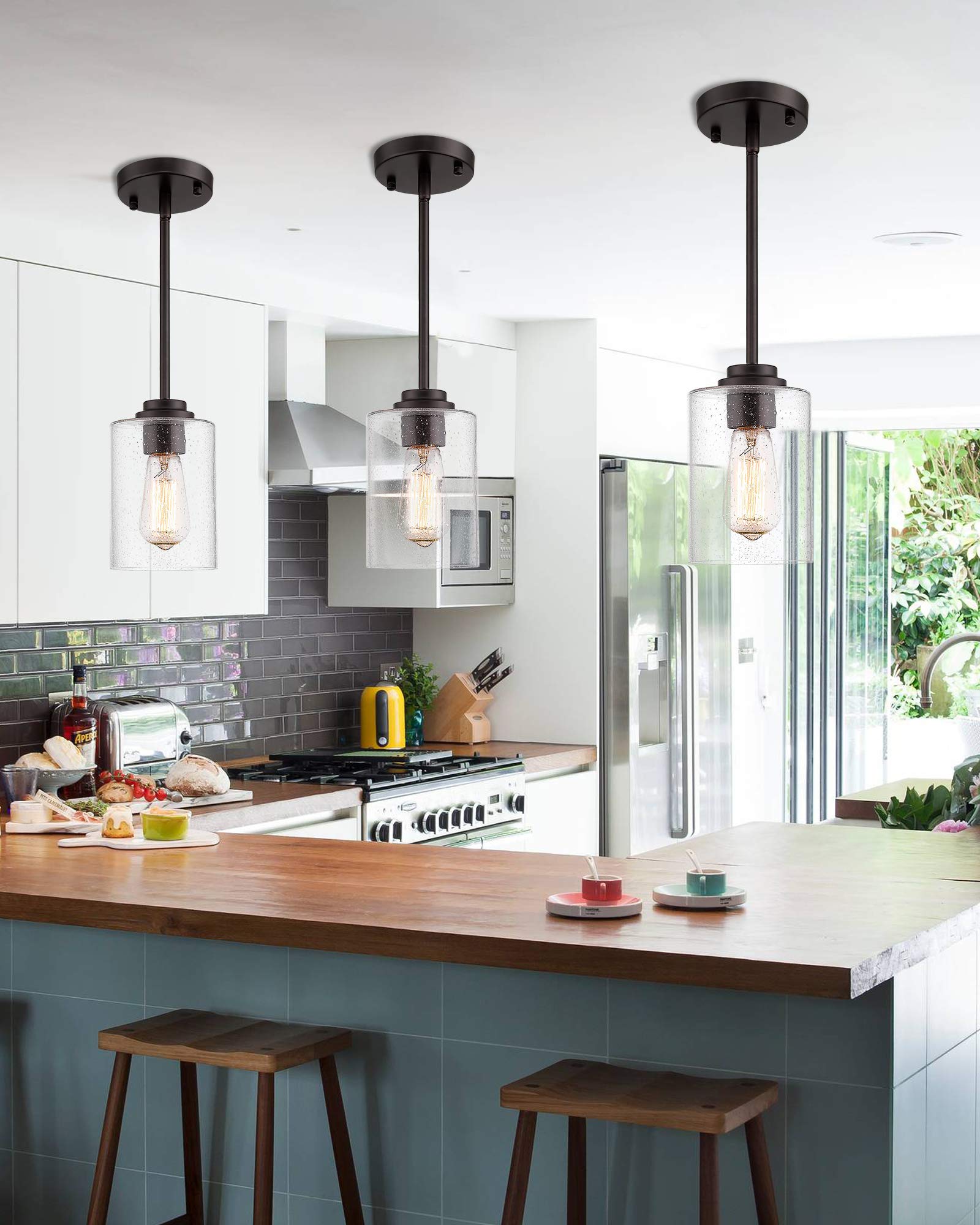 Beionxii Glass Pendant Light | Farmhouse Mini Pendant Lighting for Kitchen Island Dining Room Over The Sink, Oil Rubbed Bronze w
