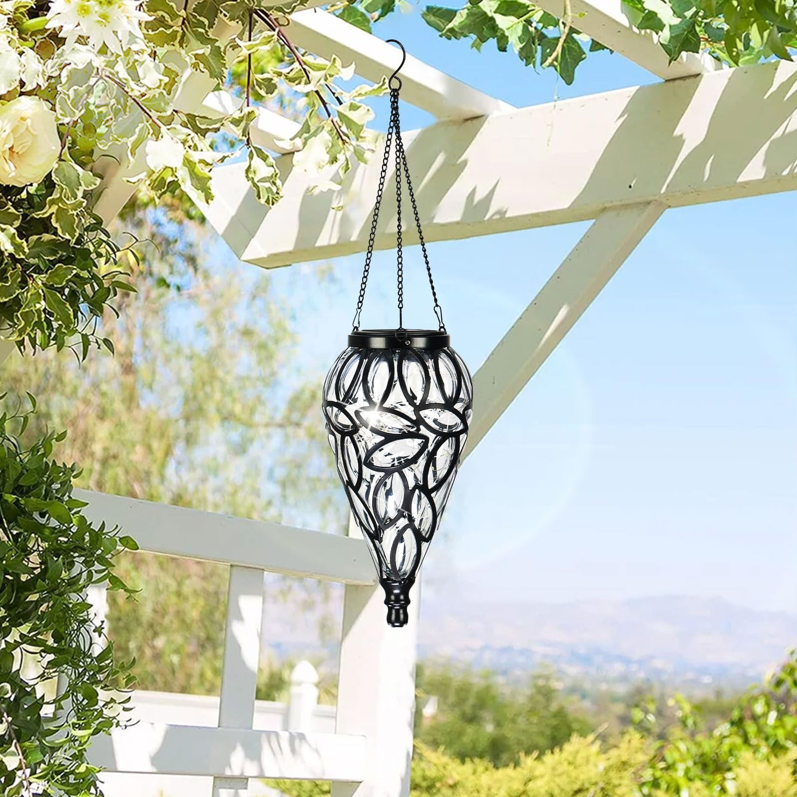 Solar Hanging Lantern Outdoor Lights, Tear-Shaped 15 Leds Cool White Hanging Lights With S Hooks Decor In Garden, Yard, Pathway,