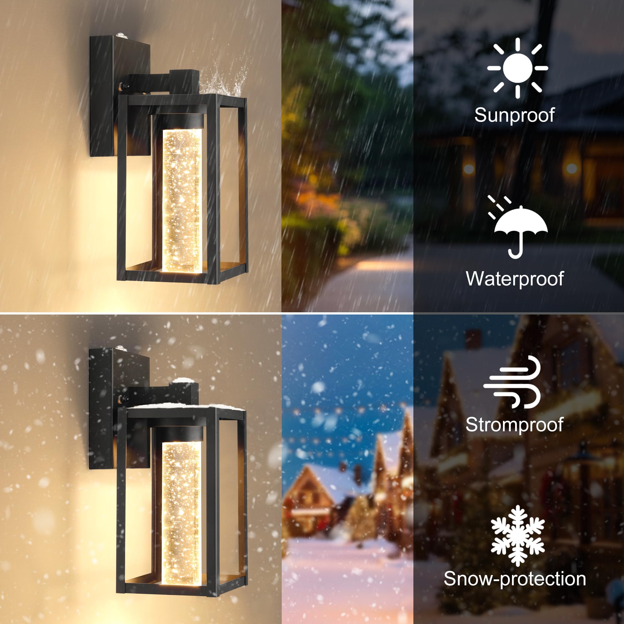 WIHTU Outdoor Wall Lantern Sconce - 2 Pack, Waterproof Black Matte Finish, Dusk to Dawn Crystal Bulb, Tempered Glass Shade