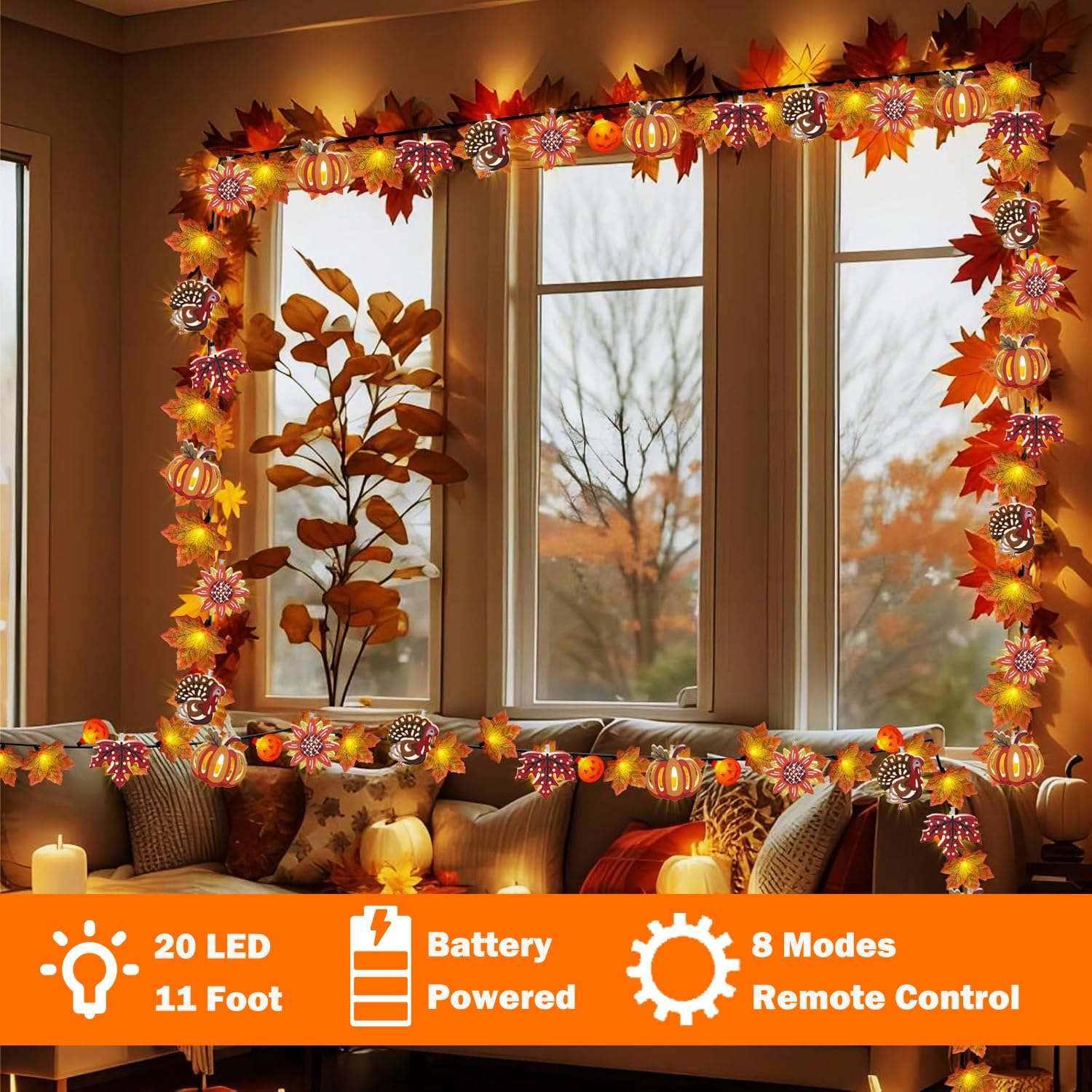 HUGSVIK 20 LED Maple Leaf Pumpkin Turkey Thanksgiving Lights, Battery Operated Thanksgiving Decorations Fall Lights for Home Aut