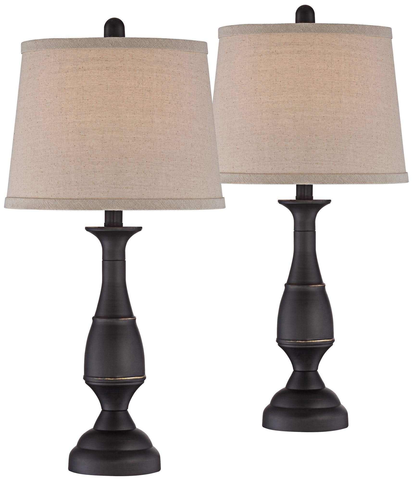 Regency Hill Table Lamps Set of 2, 25in High, Dark Bronze Metal, Beige Linen Drum Shade for Living Room, Bedroom, Home Office
