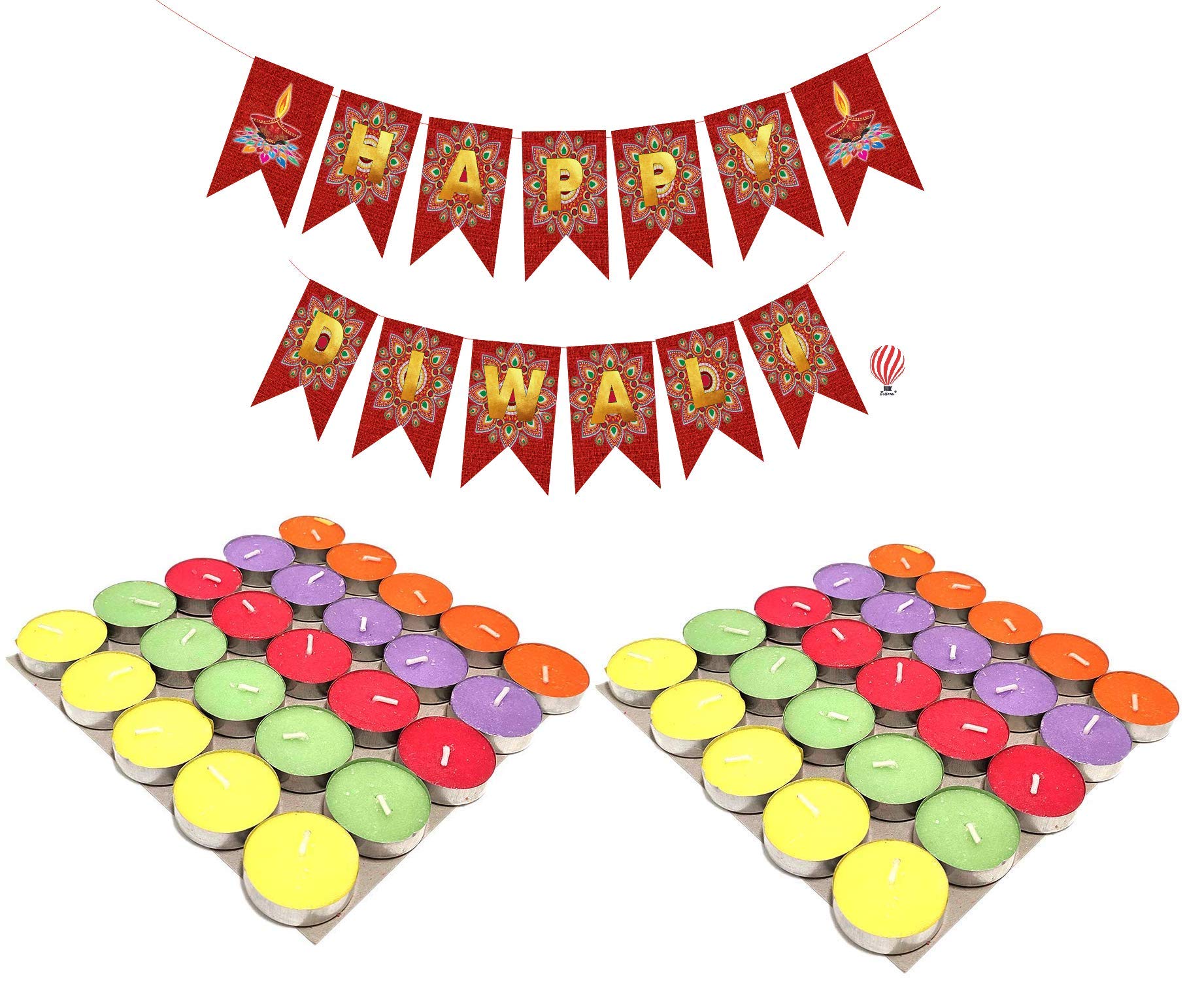 HK Balloons Pack of 100, 10 Gram Multi Colored Wax Tealight Diwali Candles with Diwali Decoration Banner (Unscented) Long Lastin