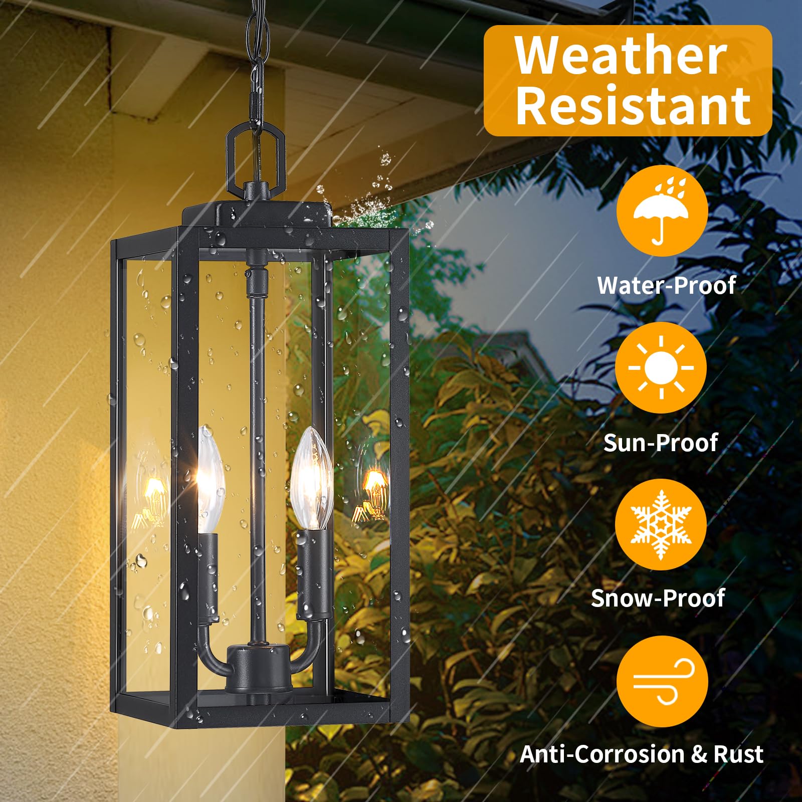 15'' Large Outdoor Pendant Light 2-Light, Modern Black Metal Outside Chandelier Exterior Hanging Fixture Ceiling Mount With Clea