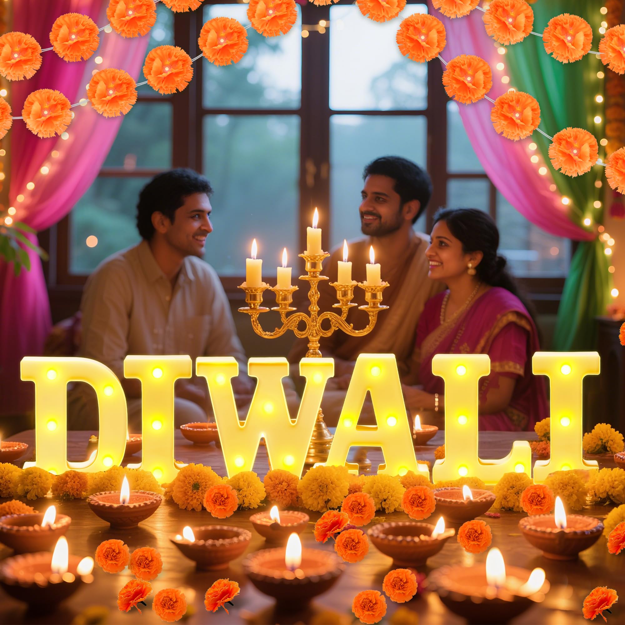 28Pcs Diwali Light Up Letters  6.3 Inch Led Letters Diwali Decor With Led Artificial Lighted Marigold Garland  Mandir Decoration For Indian Hindu Puja Party Festival Gifts(Battery Not Included)