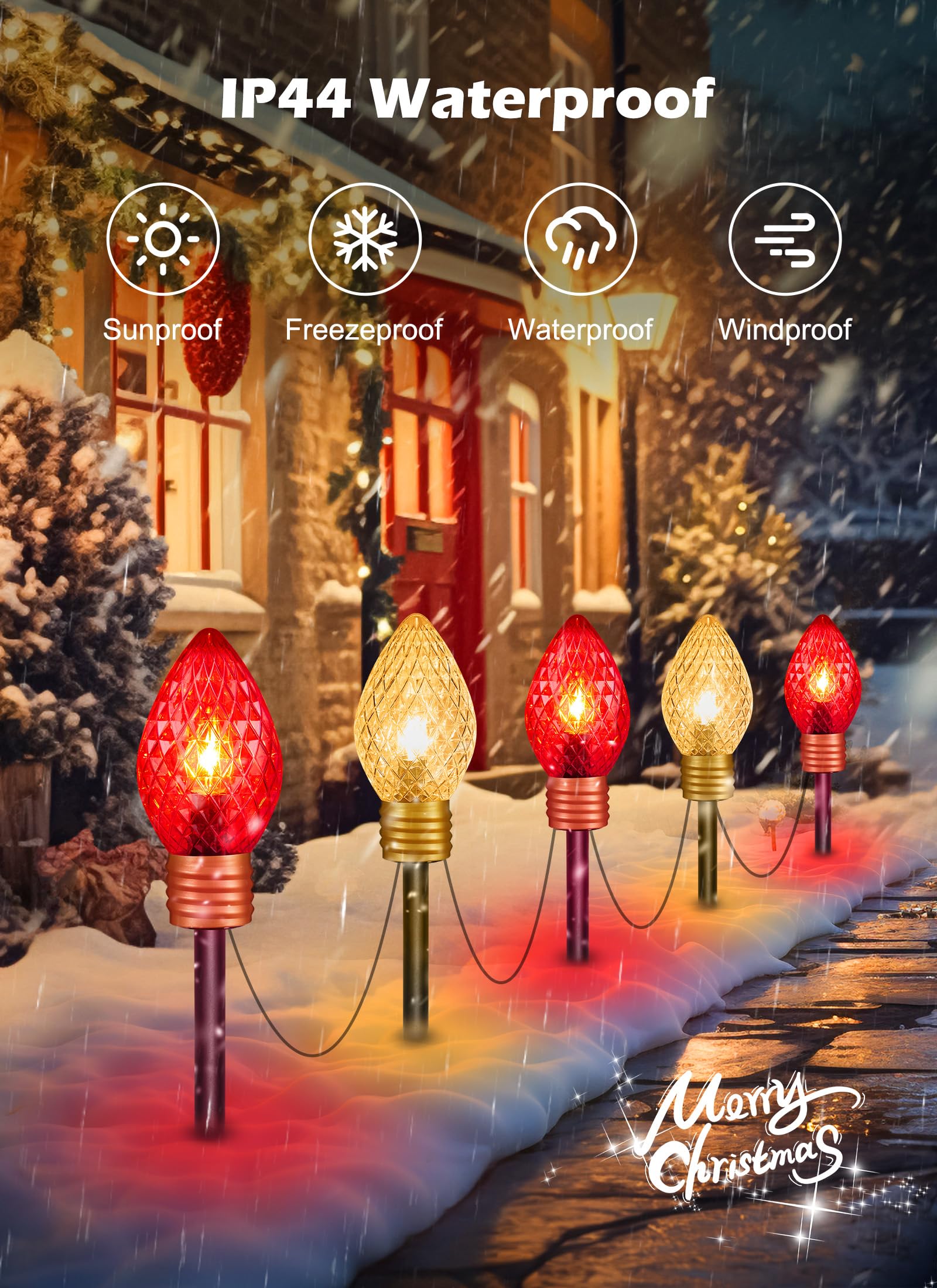 Brightown 4 Pack Jumbo Lights C9 Christmas Pathway Lights Outdoor - 10.5 Feet 5 Lights Strawberry C9 Walkway Lights, C7 Lights C