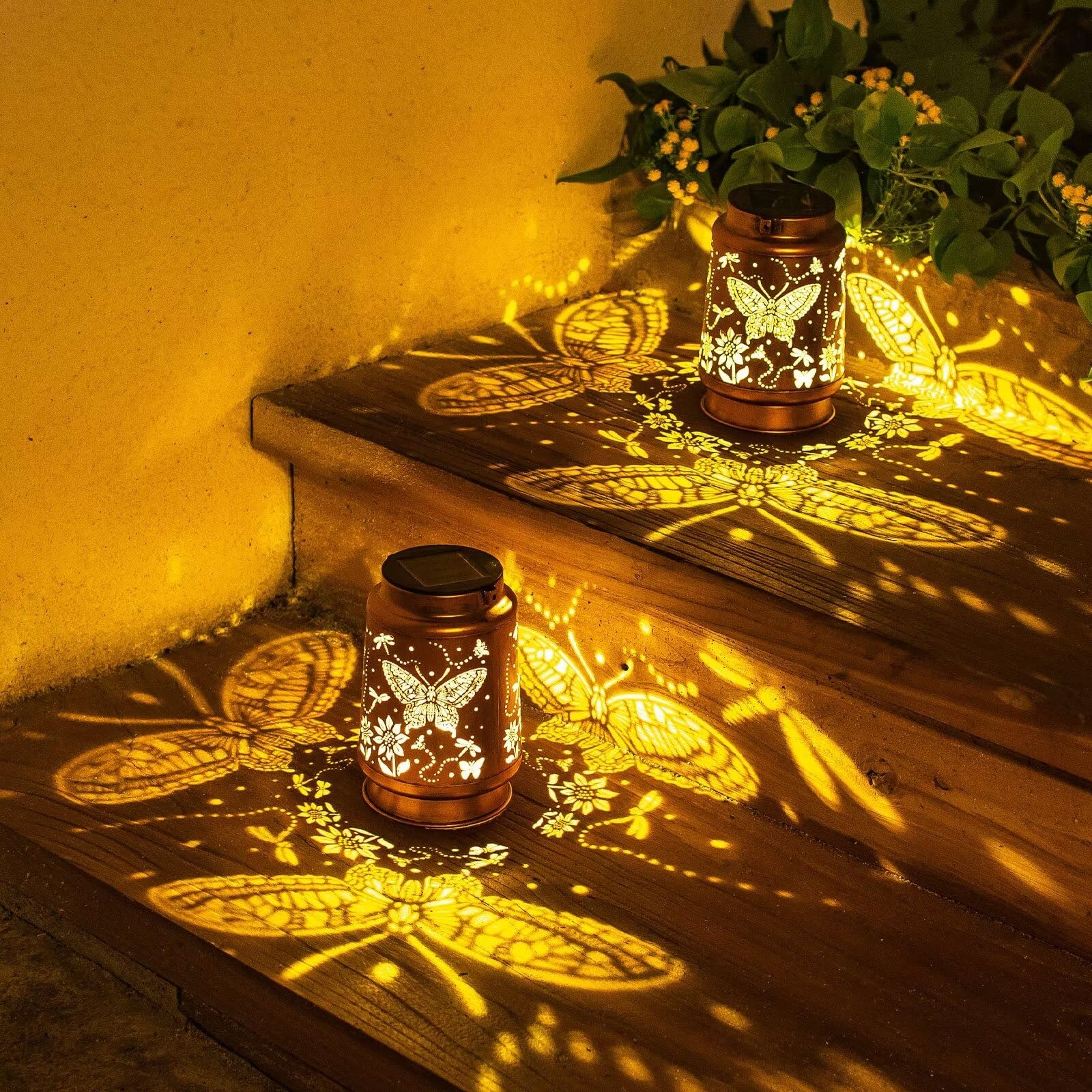 2 Pack Butterfly Solar Lanterns Outdoor Waterproof Hanging Solar Lights Gifts For Women Mom Metal Solar Decorative Led Lanterns Outside For Garden, Yard, Patio, Lawn, Porch, Backyard