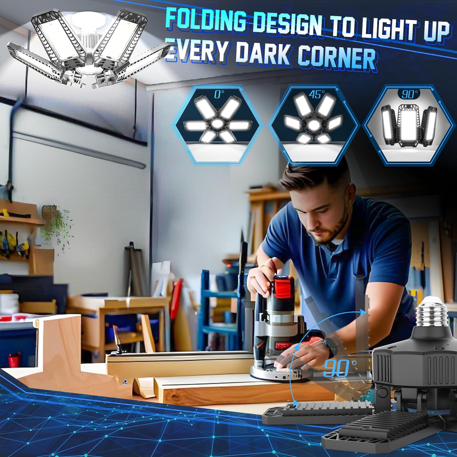 Iskydraw Garage Light, 6 Pack Garage Lights Ceiling Led 200W 20000Lm Garage Lighting 6500K With 6+1 Deformable Panels, Shop Ligh