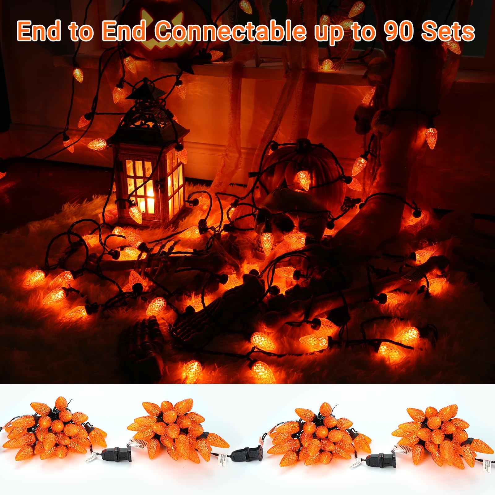 Brizled C9 Orange LED String Lights, 16ft Connectable, UL Certified, Outdoor Black Wire for Halloween & Thanksgiving